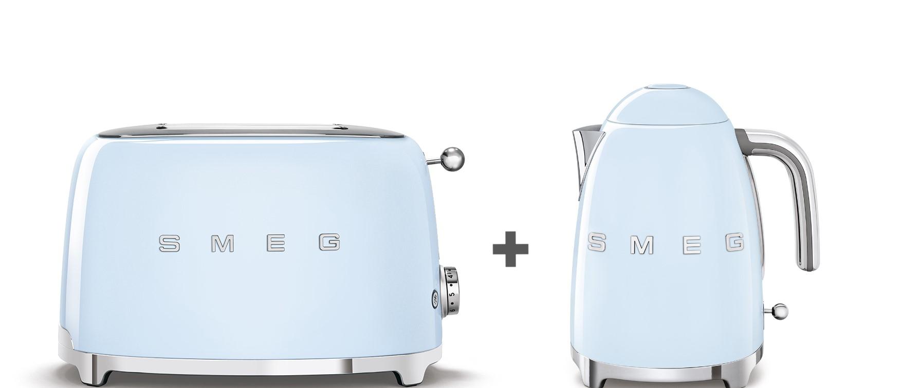 توستر كهربائي بشريحتين 950 واط وغلاية ماء 1.7 لتر 3000 واط عرض سميج ريترو أزرق Smeg Bundle Offer 2 Slice Toaster + Kettle
