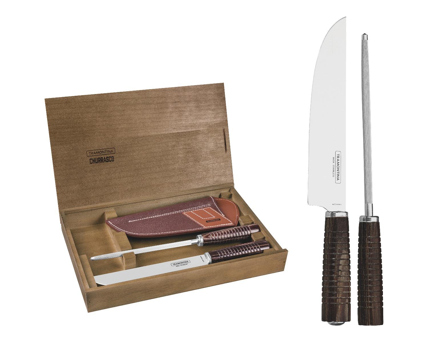 طقم أدوات مائدة (سكين ومبرد) ترامونتينا حزمة 2في1 Tramontina Barbecue Set with Wooden Box