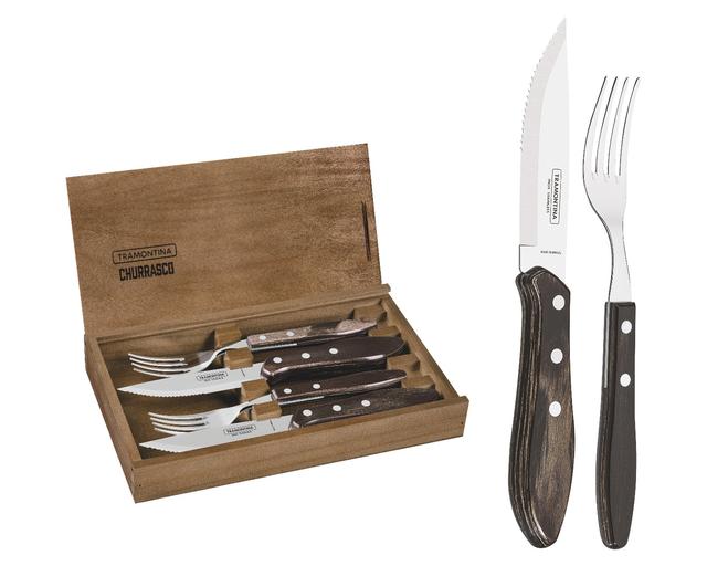 طقم ادوات مائدة (شوك وسكاكين) بمقبض خشبي حزمة 4في1 ترامونتينا Tramontina Cutlery Set with Wooden Box - SW1hZ2U6OTYzNTY4
