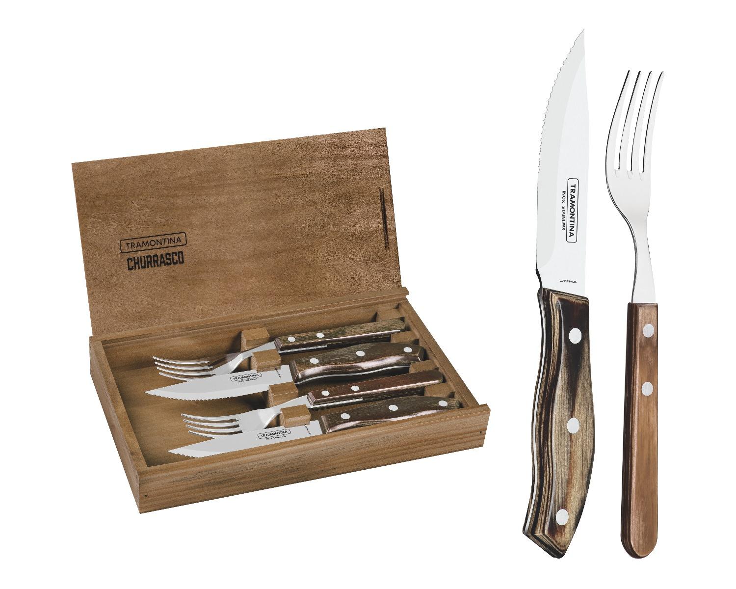طقم ادوات مائدة (شوك وسكاكين) بمقبض خشبي حزمة 4في1 ترامونتينا Tramontina Cutlery Set with Wooden Box