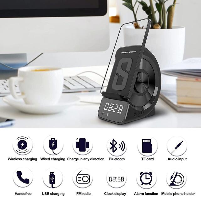 WD-200 Multifunction Wireless Charger Bluetooth Speaker Digital LED Display Alarm Clock Radio Charging Station with Phone Holder - SW1hZ2U6OTU5NDIz