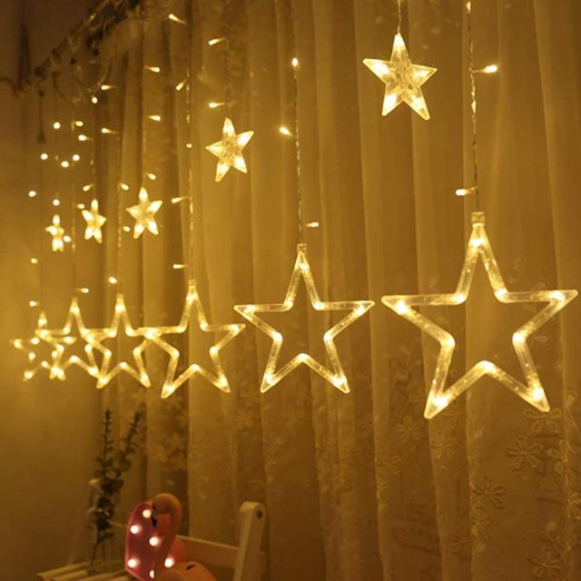 زينة رمضان للبيت 12 نجمة رمضان مع إضاءة 5 متر Toby's LED String Five Pointed Star Shape Curtain Ramadan Light - SW1hZ2U6OTg3NzU5