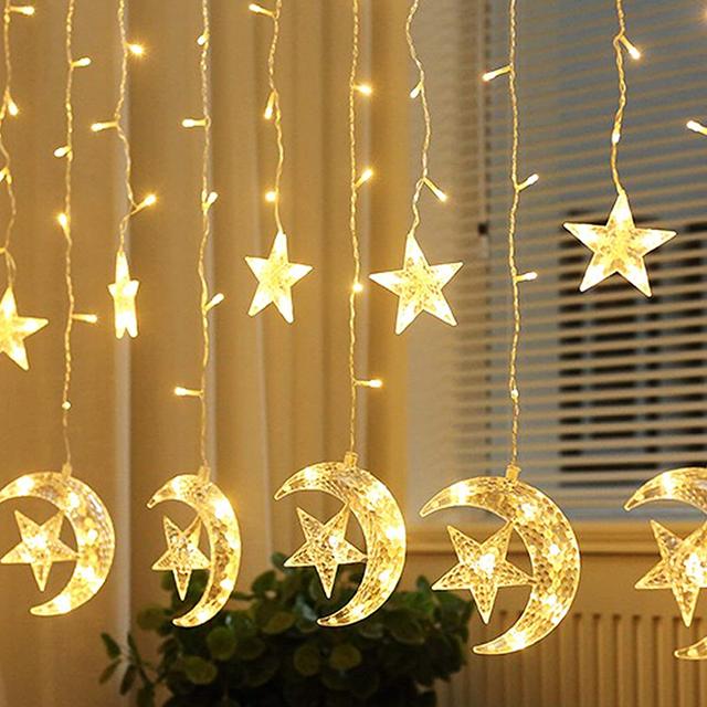 زينة رمضان للبيت هلال رمضان مع إضاءة 5 متر Toby's Ramadan Crescent Moon Star Curtain LED Fairy Lights - SW1hZ2U6OTg3NzM5
