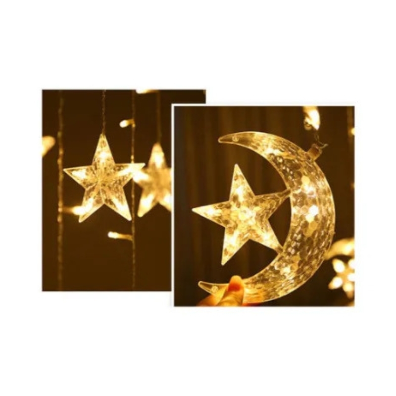 زينة رمضان للبيت هلال رمضان مع إضاءة 5 متر Toby's Ramadan Crescent Moon Star Curtain LED Fairy Lights