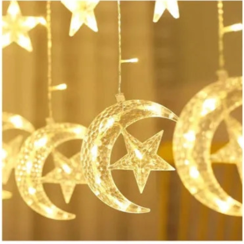 زينة رمضان للبيت هلال رمضان مع إضاءة 5 متر Toby's Ramadan Crescent Moon Star Curtain LED Fairy Lights