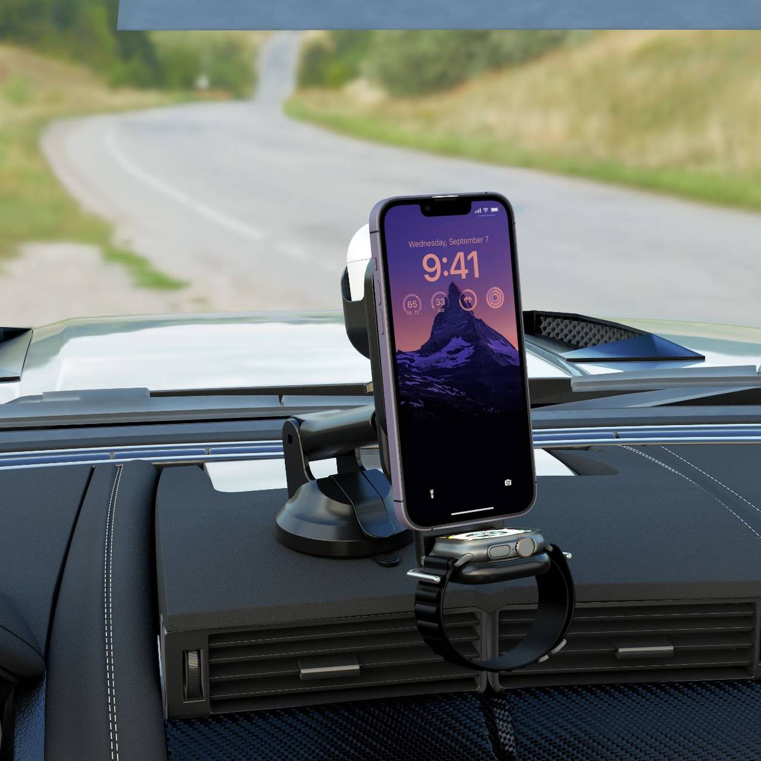 حامل جوال للسيارة وشاحن لاسلكي 3 في 1 مع شاحن سيارة Porodo MagSafe Car Mount and Watch & Earbuds Charging with Car Charger