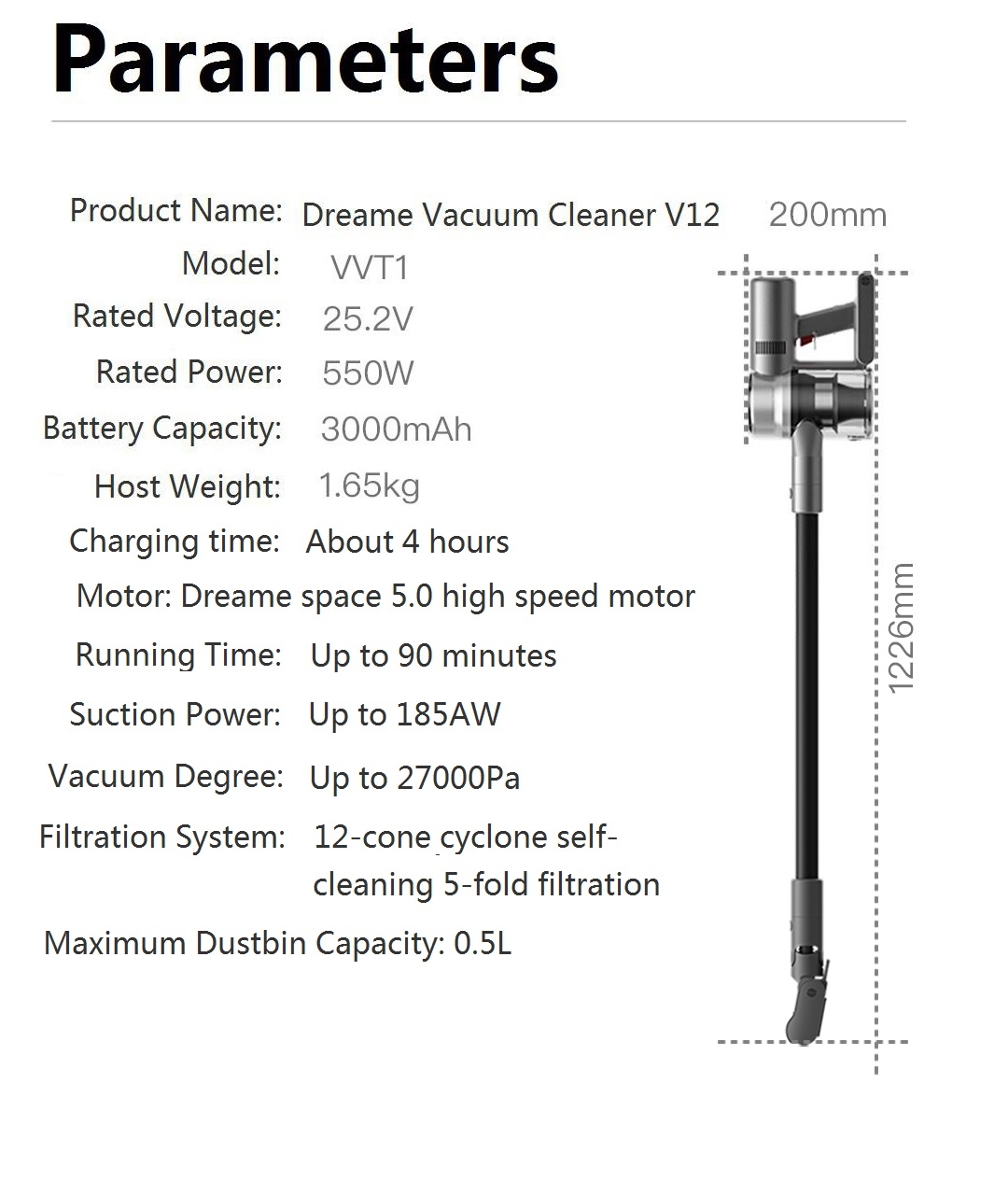 مكنسة كهربائية لاسلكية دريمي 3000 مللي أمبير Dreame V12 Cordless Vacuum Cleaner - 8}