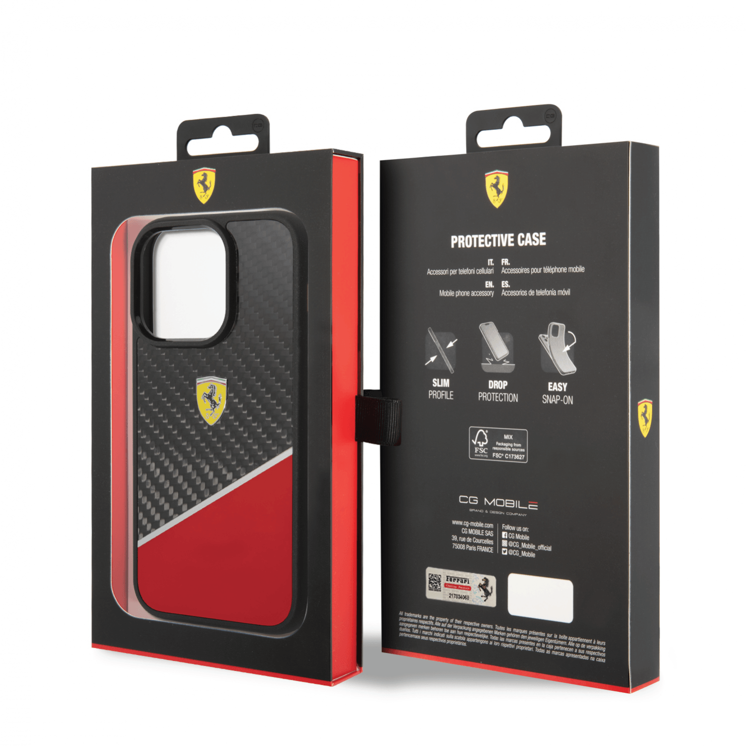 كفر ايفون 14 برو كربون وبولي كربون فيراري بايماتريال أحمر Ferrari Bimaterial Carbon Case & Polycarbonate