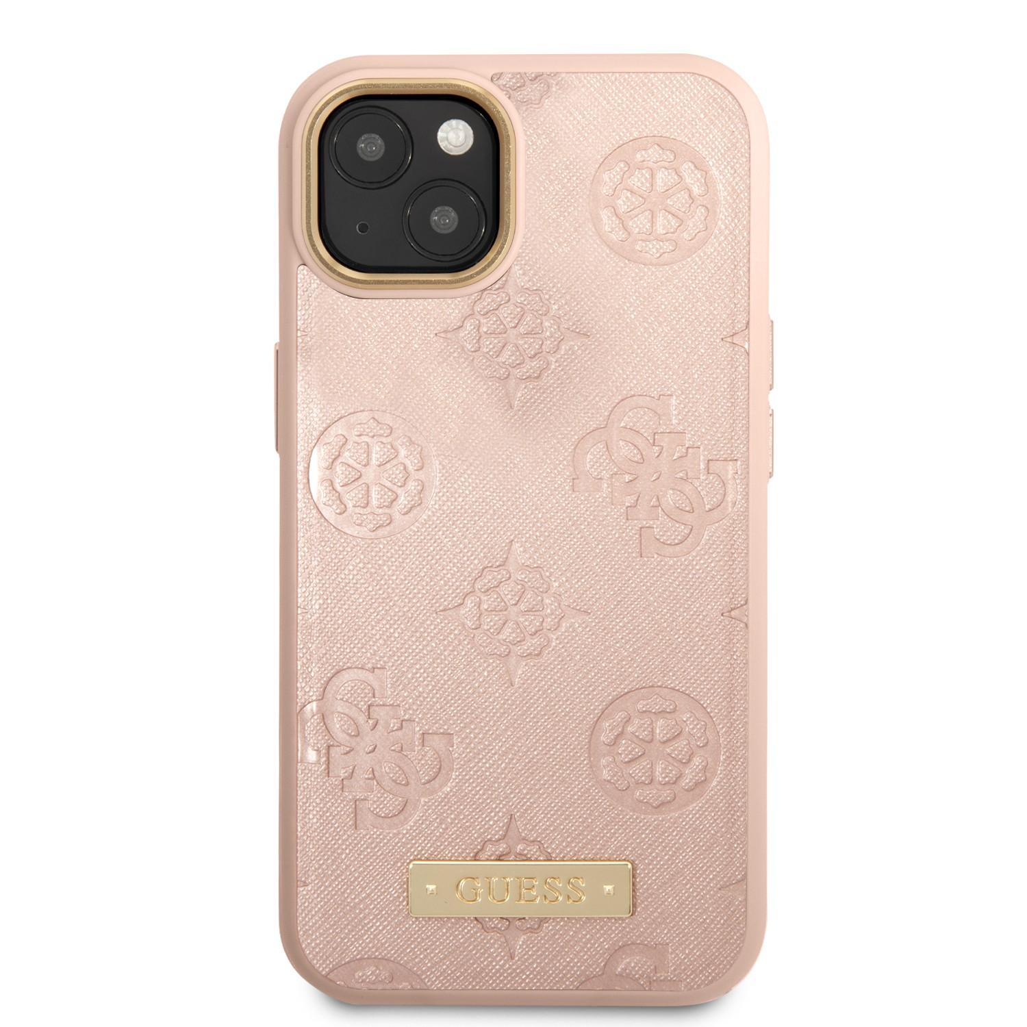 كفر ايفون 14 ماغ سيف زهر جيس Guess Magsafe 4G Peony PU Case With Metal Plate Logo For iPhone 14 Pink - cG9zdDoxMzgzMzg2