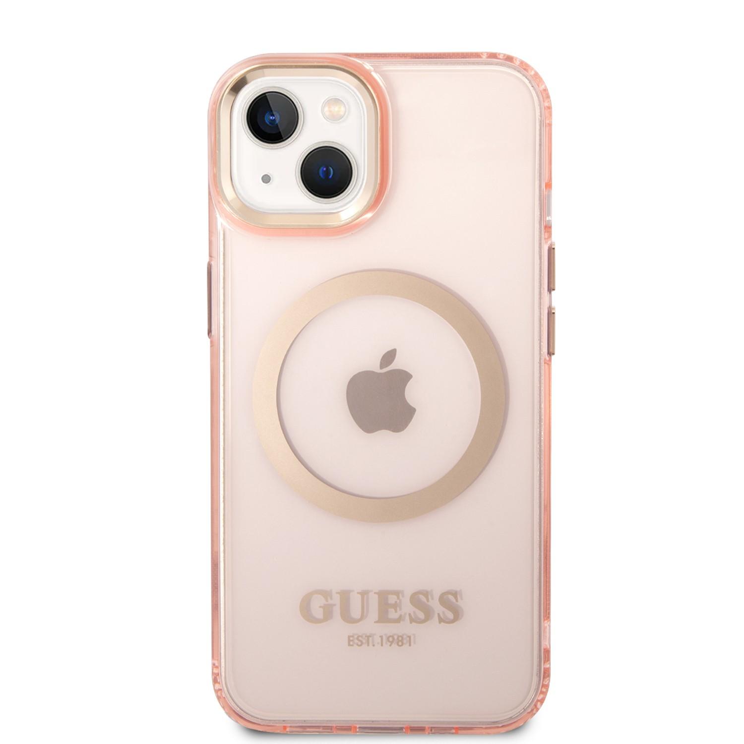 كفر ايفون 14ماغ سيف زهر جيس Guess Magsafe Case With Translucent Gold Outline For iPhone 14 Pink - cG9zdDoxMzgzODc4