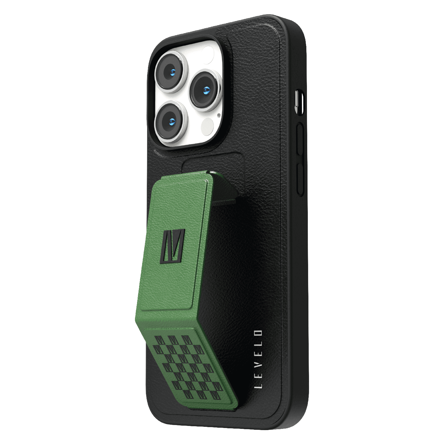 كفر ايفون جلد لجوال ايفون 14 برو ماكس بلون أسود وأخضر مع حامل تثبيت ليفيلو   Levelo Morphix Gripstand iPhone 14 Pro Max PU Leather Case Pacific Green - cG9zdDoxMzk0MjEw