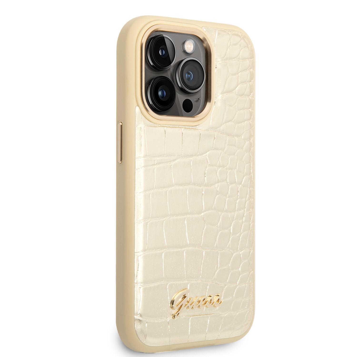 كفر حماية ايفون 14 برو ذهبي جيس Guess Pu Croco Case With Metal Camera Outline For iPhone 14 Pro Gold - cG9zdDoxMzg0Mjk3