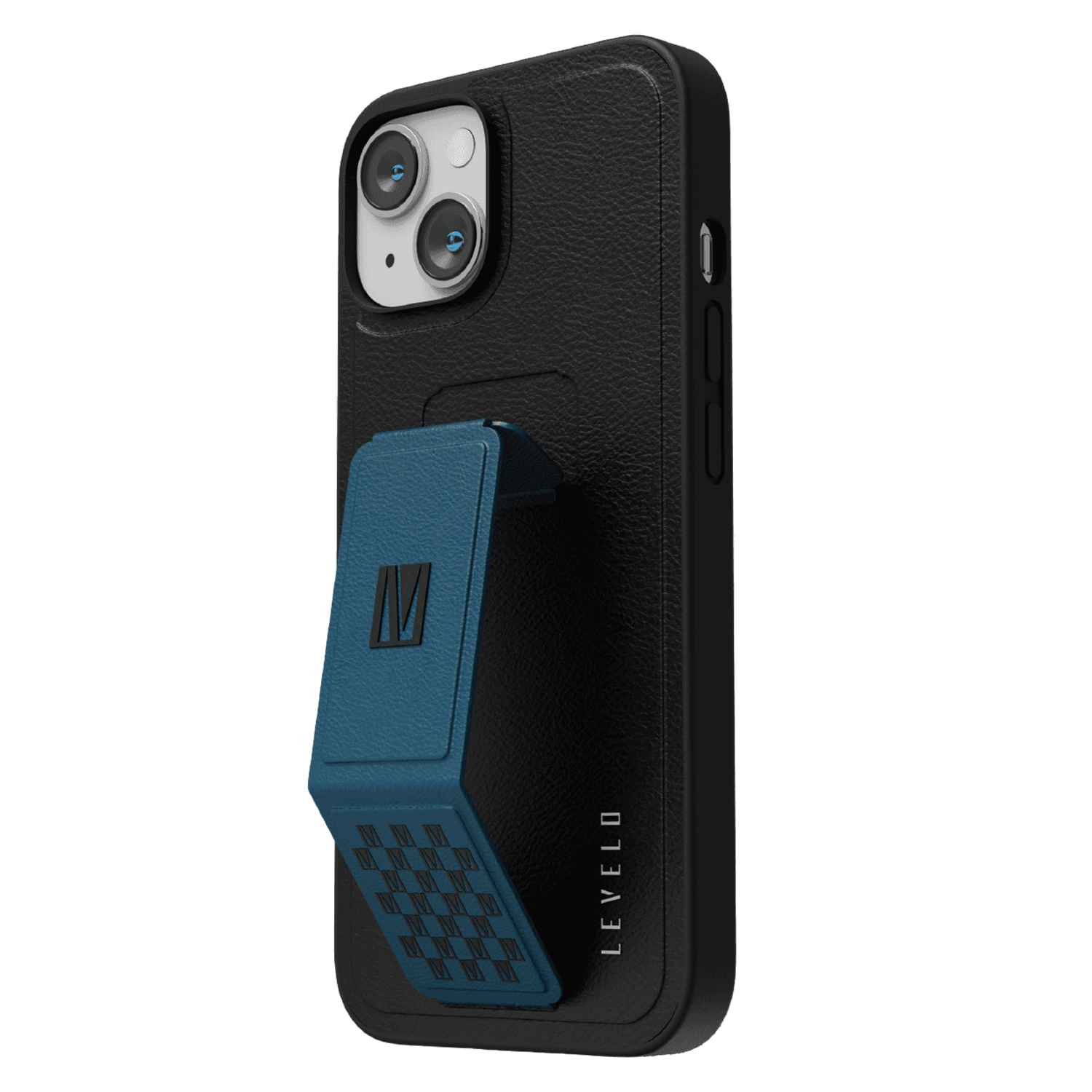 كفر ايفون جلد لجوال ايفون 14 بلاس بلون أسود وأزرق مع حامل تثبيت ليفيلو  Levelo Morphix Gripstand iPhone 14 Plus PU Leather Case Pacific Blue - cG9zdDoxMzk0NTU4