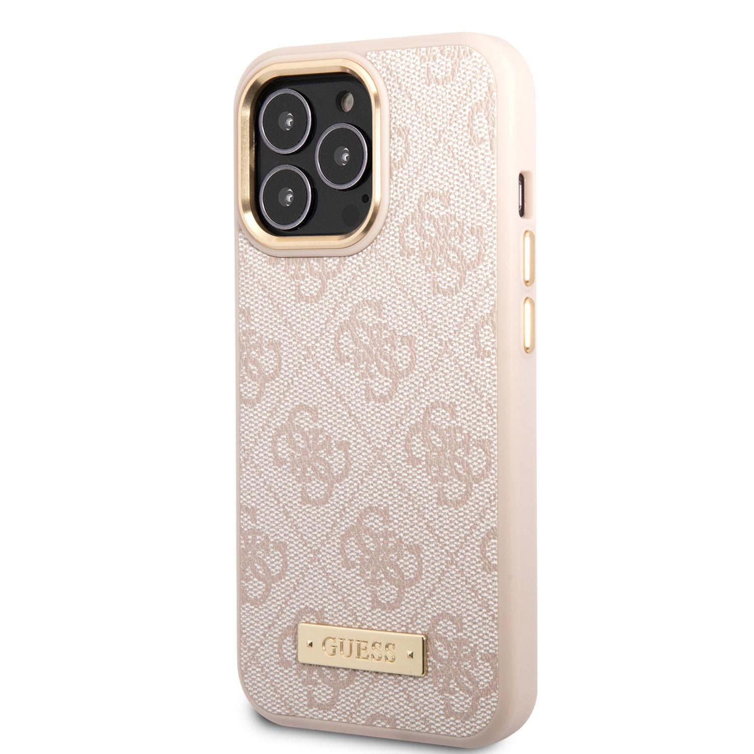 كفر ايفون 14 برو ماغ سيف زهر جيس Guess Magsafe 4G PU Case With Metal Plate Logo For iPhone 14 Pro Pink - cG9zdDoxMzg1MDEx