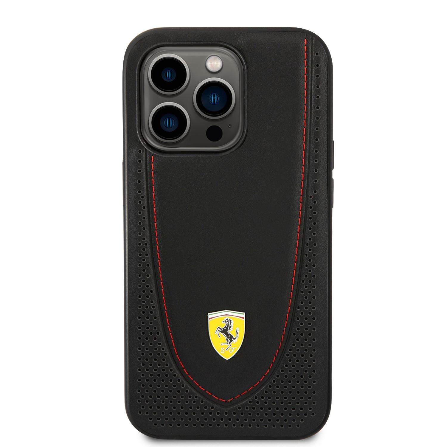 كفر ايفون 14 برو جلد صلب فيراري محبوك أسود Ferrari Magsafe Leather Stitched Red Line Hard Case - cG9zdDoxMzY4NTUw