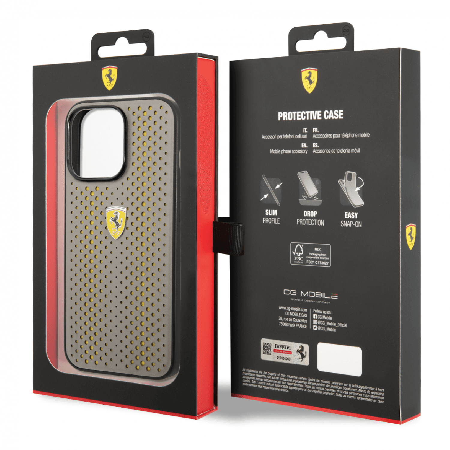 كفر ايفون 14 برو جلد مع ارضية نايلون فيراري أصفر Ferrari PU Leather Perforated Case With Nylon Base - cG9zdDoxMzY4NTM5