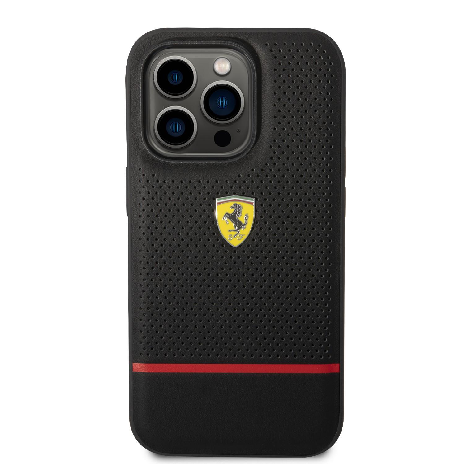 كفر ايفون 14 برو جلد صلب مثقب فيراري أسود Ferrari Leather Perforated & Line Hard Case - cG9zdDoxMzY4Mzk5