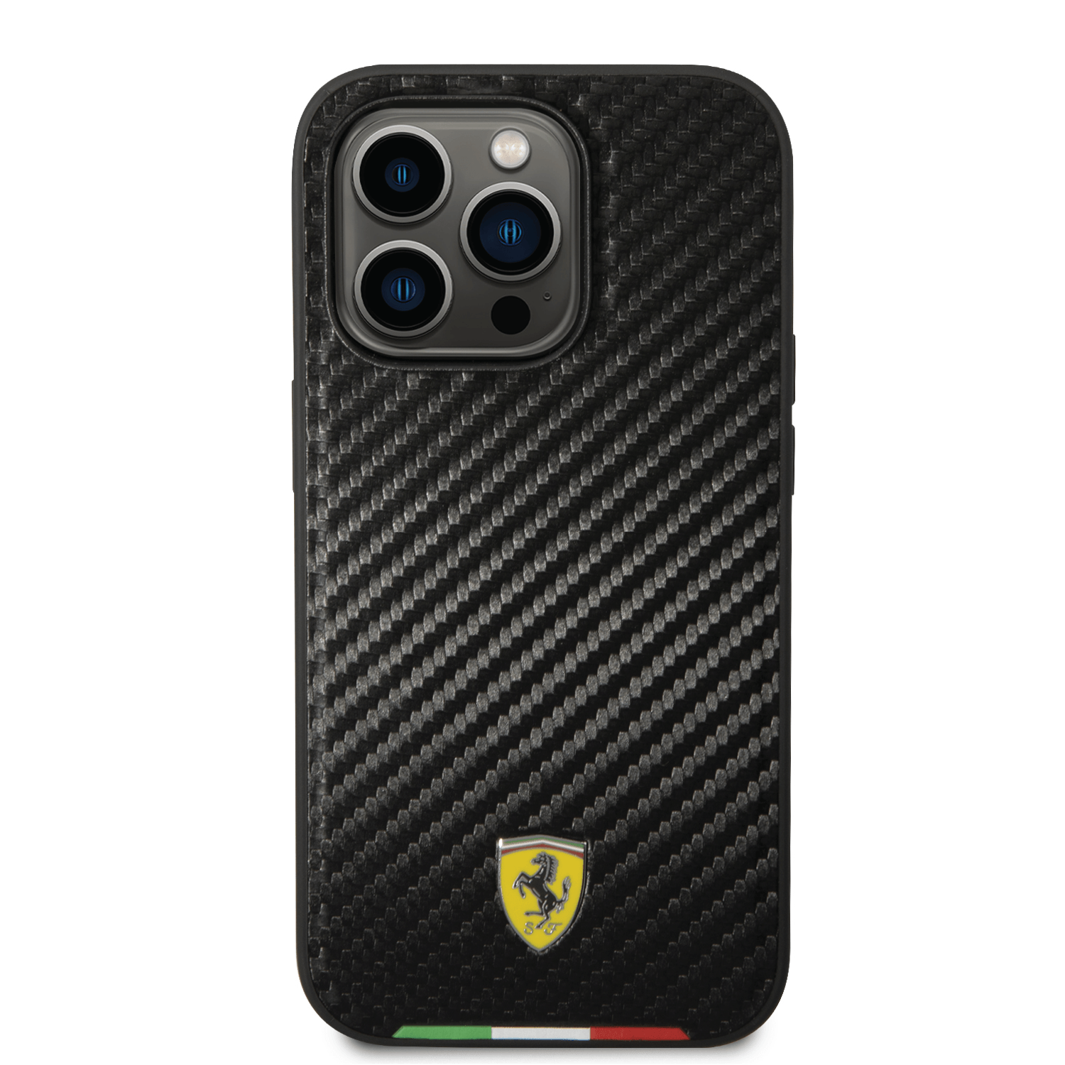 كفر ايفون 14 برو صلب بولي يوثرين فيراري علم إيطاليا أسود Ferrari Hard Case PU Carbon Effect & Italian Flag Line
