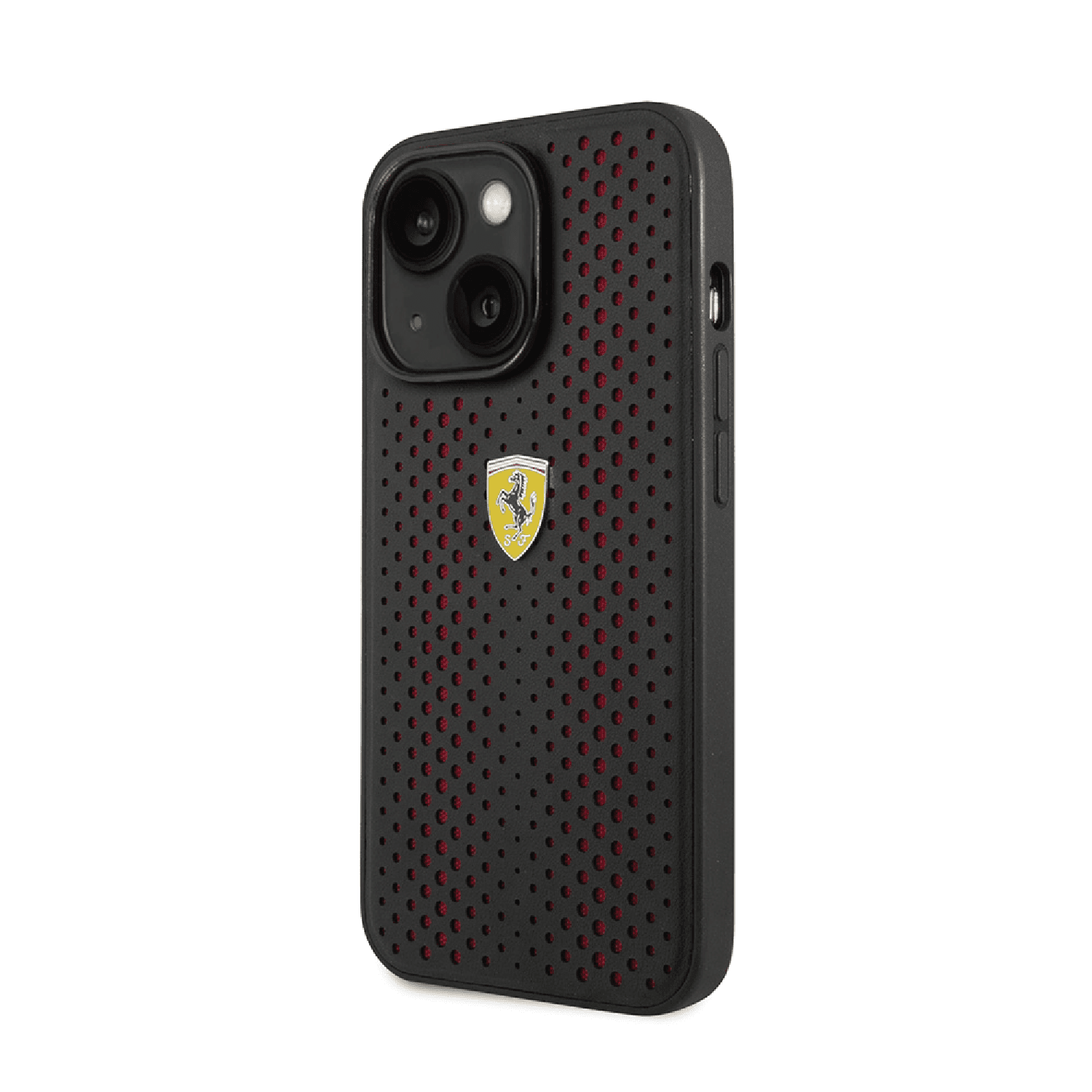 كفر ايفون 14 بلس جلد مع ارضية نايلون فيراري أحمر Ferrari PU Leather Perforated Case With Nylon Base - cG9zdDoxMzY5OTE4