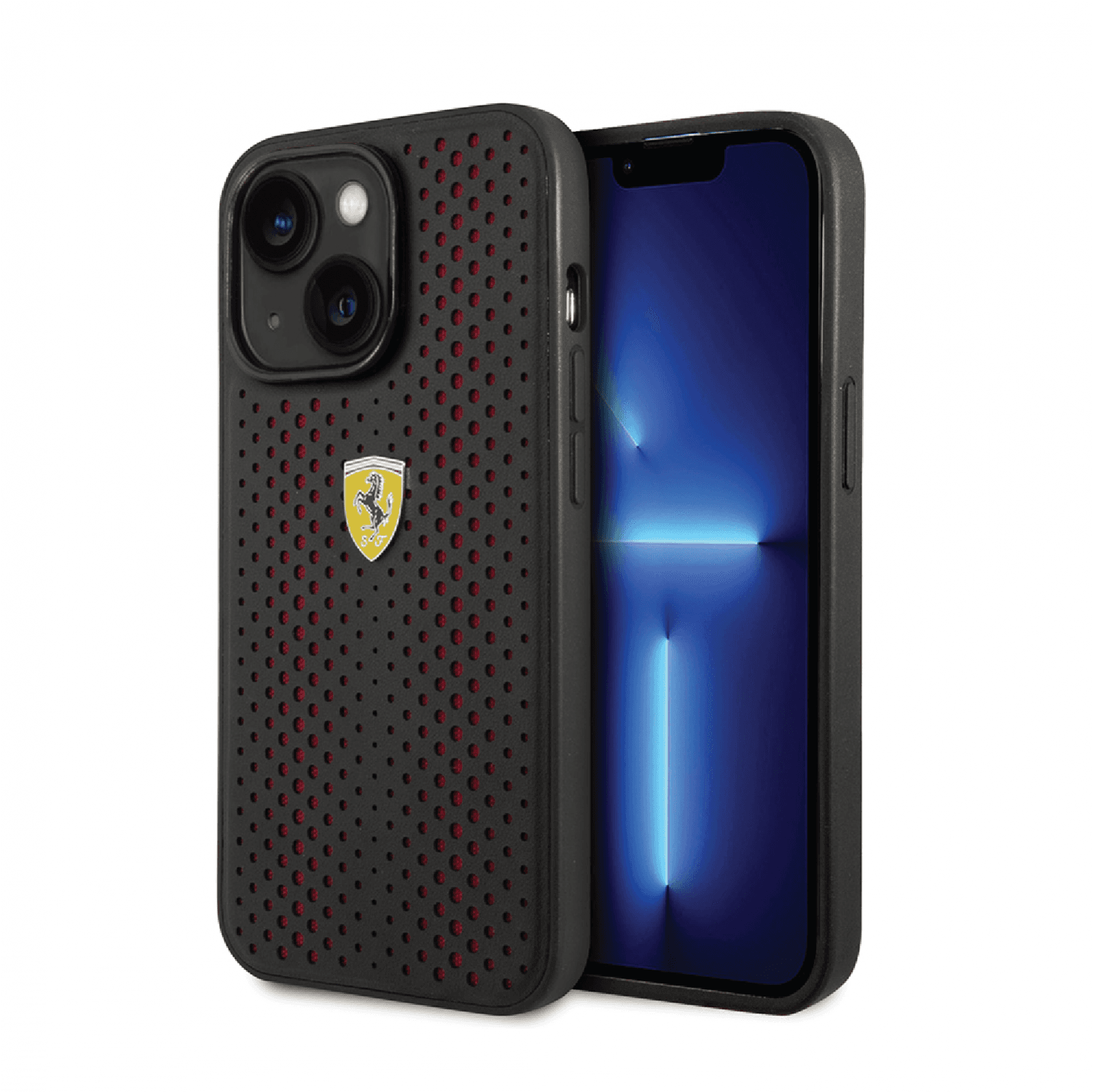 كفر ايفون 14 بلس جلد مع ارضية نايلون فيراري أحمر Ferrari PU Leather Perforated Case With Nylon Base - cG9zdDoxMzY5OTIw