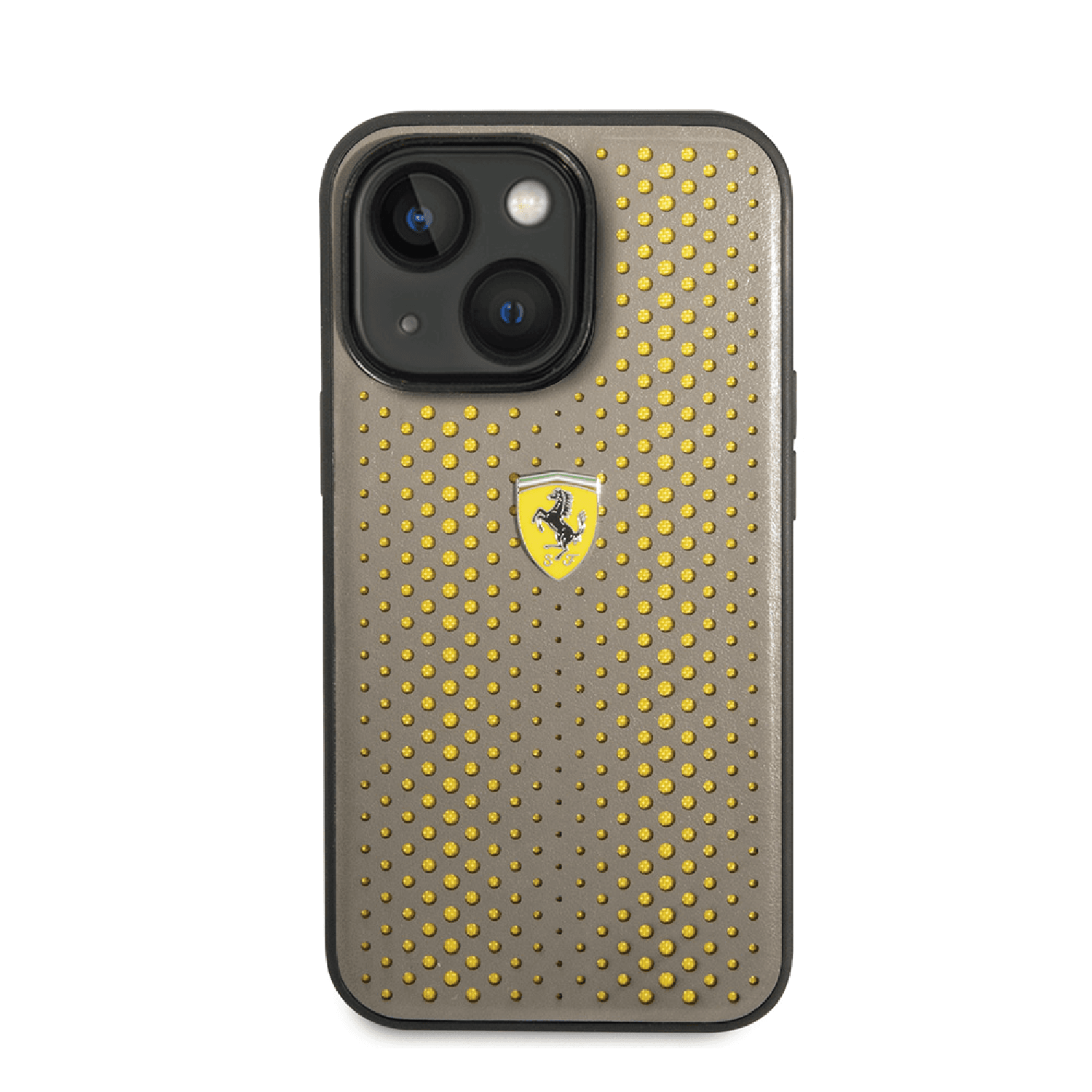 كفر ايفون 14 بلس جلد مع ارضية نايلون فيراري أصفر Ferrari PU Leather Perforated Case With Nylon Base - cG9zdDoxMzcwMDEy