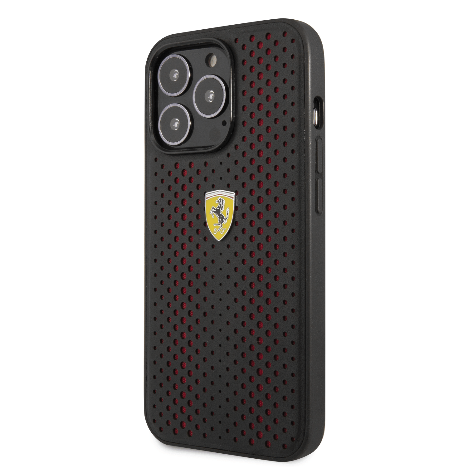 كفر ايفون 14 برو ماكس جلد مع ارضية نايلون فيراري أحمر Ferrari PU Leather Perforated Case With Nylon Base
