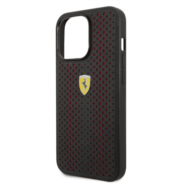 كفر ايفون 14 برو ماكس جلد مع ارضية نايلون فيراري أحمر Ferrari PU Leather Perforated Case With Nylon Base