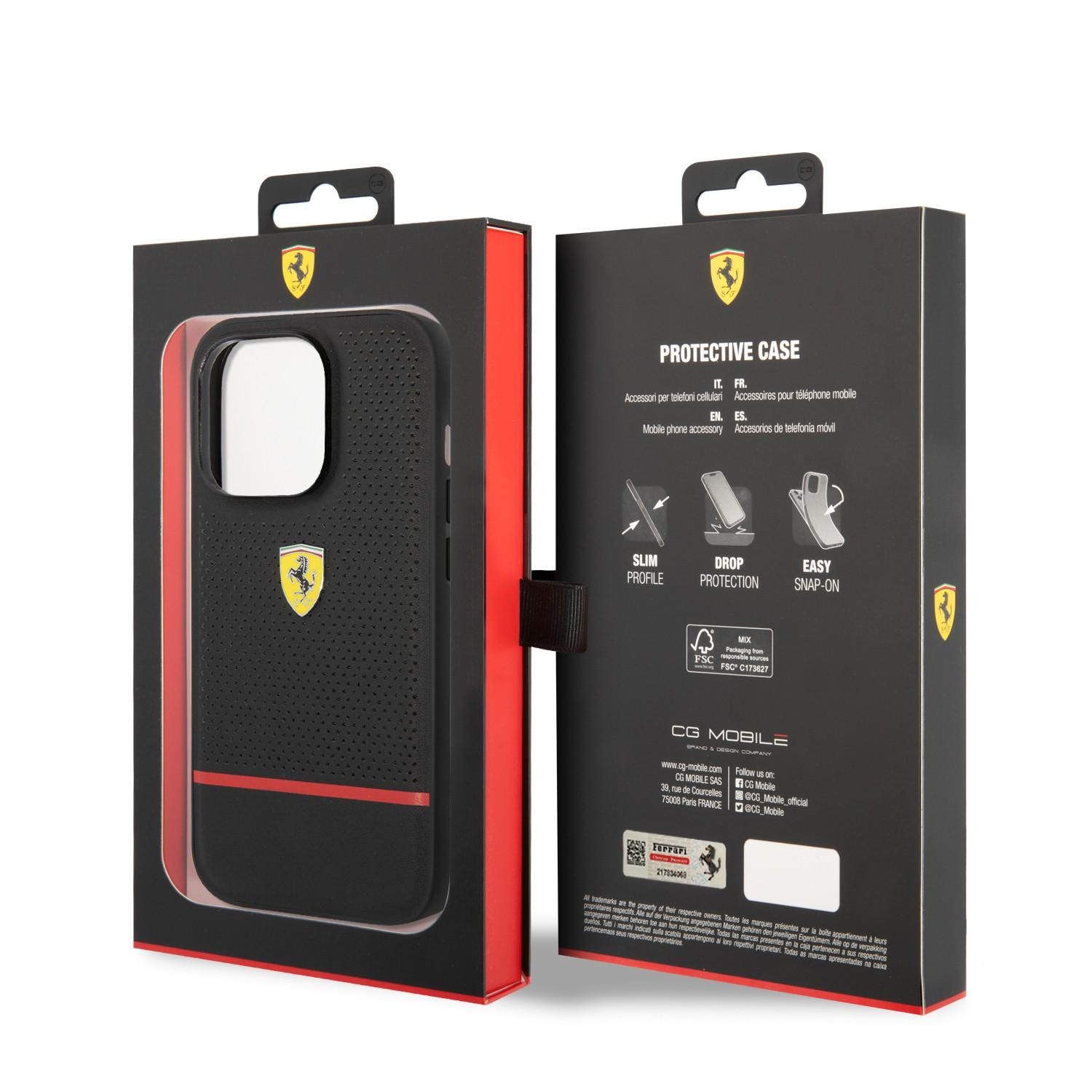 كفر ايفون 14 برو ماكس جلد صلب مثقب فيراري أسود Ferrari Leather Perforated & Line Hard Case - cG9zdDoxMzY4OTIy