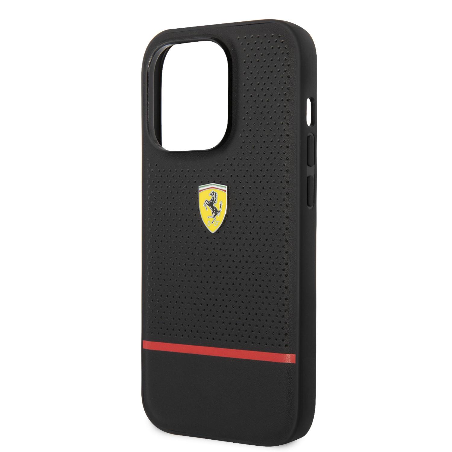 كفر ايفون 14 برو ماكس جلد صلب مثقب فيراري أسود Ferrari Leather Perforated & Line Hard Case - cG9zdDoxMzY4OTI0