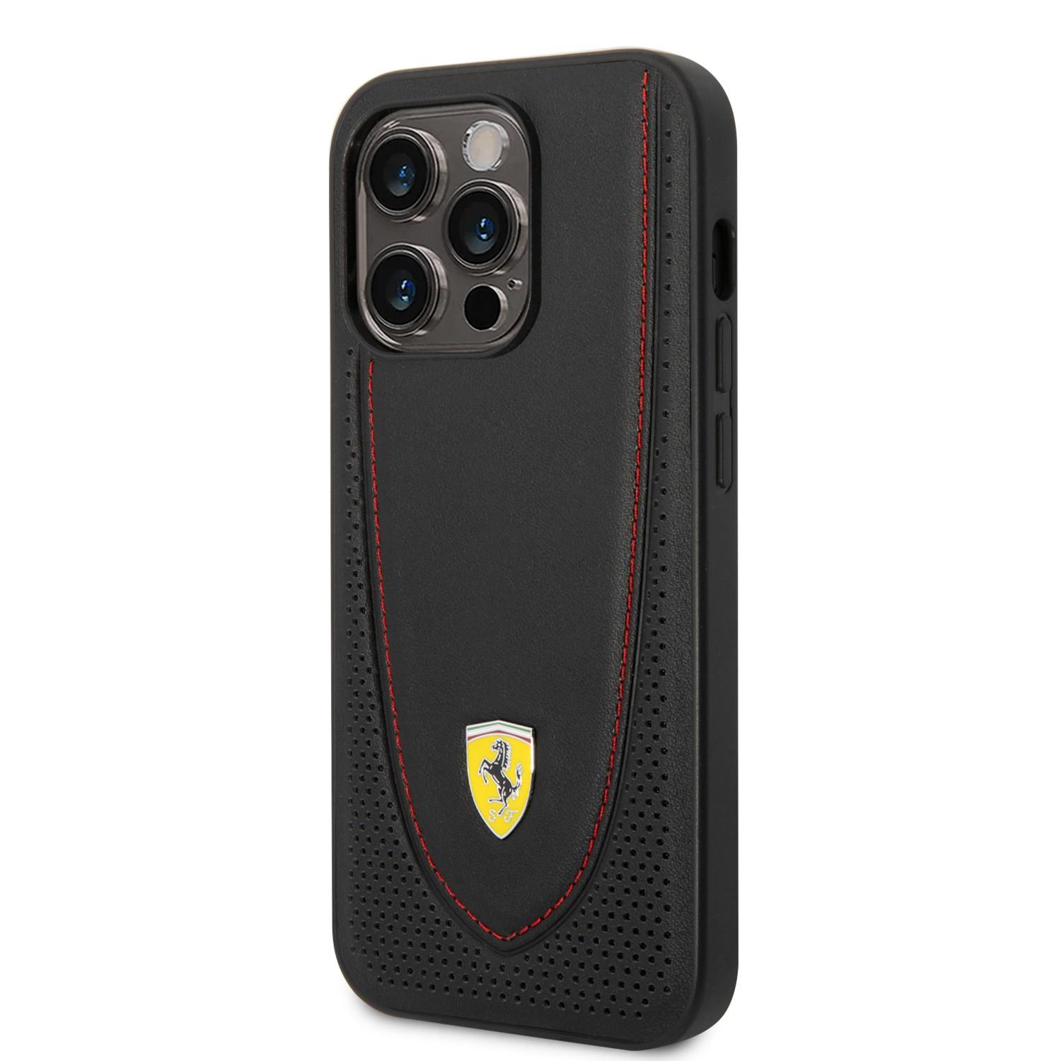 كفر ايفون 14 برو جلد صلب فيراري محبوك أسود Ferrari Magsafe Leather Stitched Red Line Hard Case - cG9zdDoxMzY4NTUy