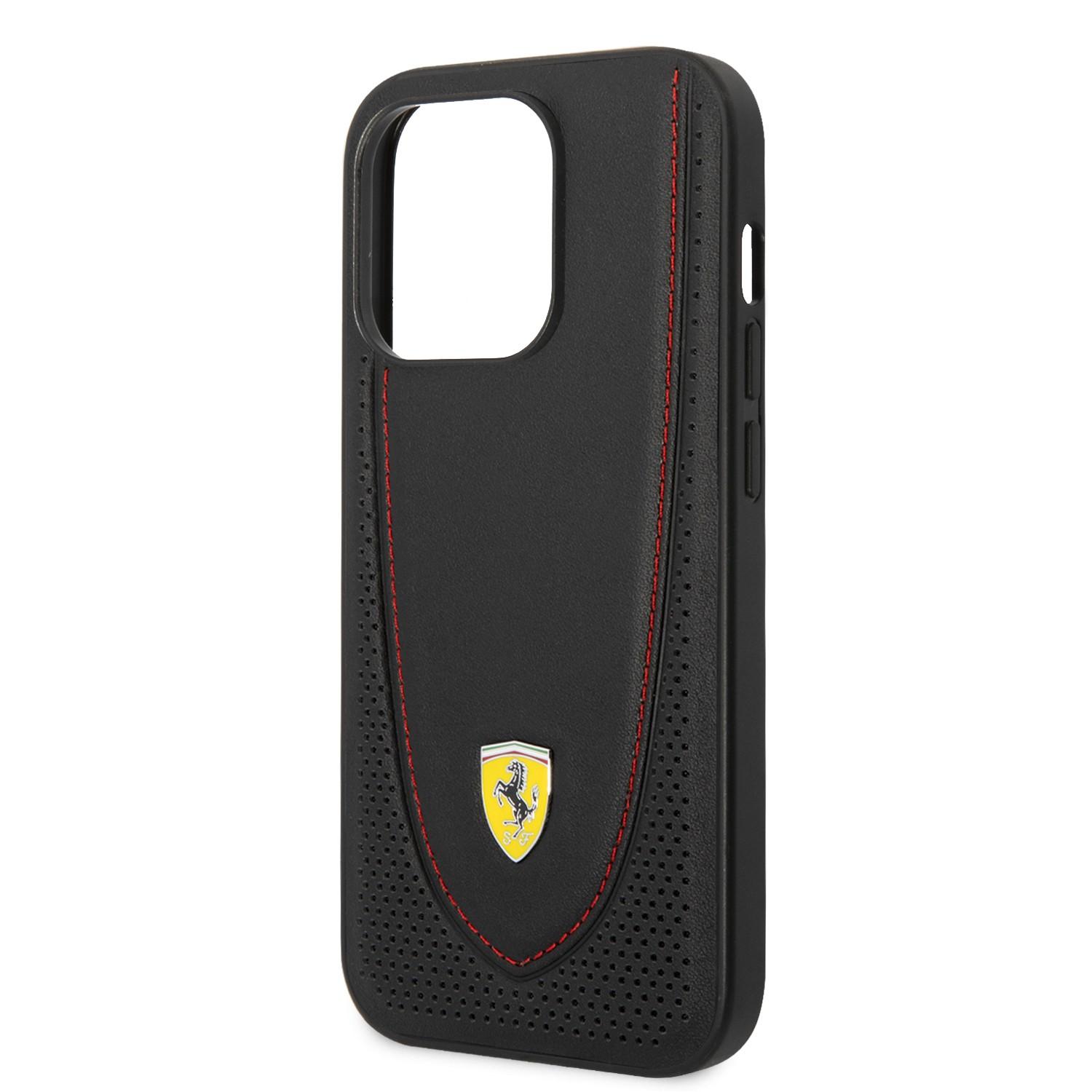 كفر ايفون 14 برو جلد صلب فيراري محبوك أسود Ferrari Magsafe Leather Stitched Red Line Hard Case - cG9zdDoxMzY4NTU4