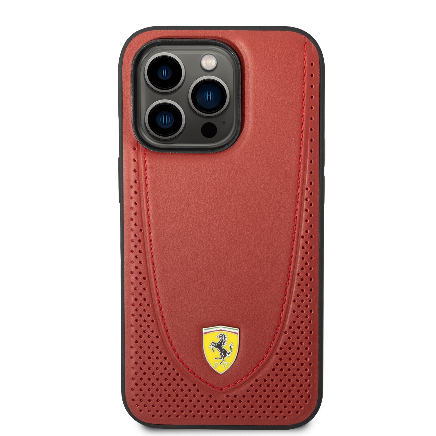كفر ايفون 14 برو جلد صلب فيراري محبوك أحمر Ferrari Magsafe Leather Stitched Red Line Hard Case