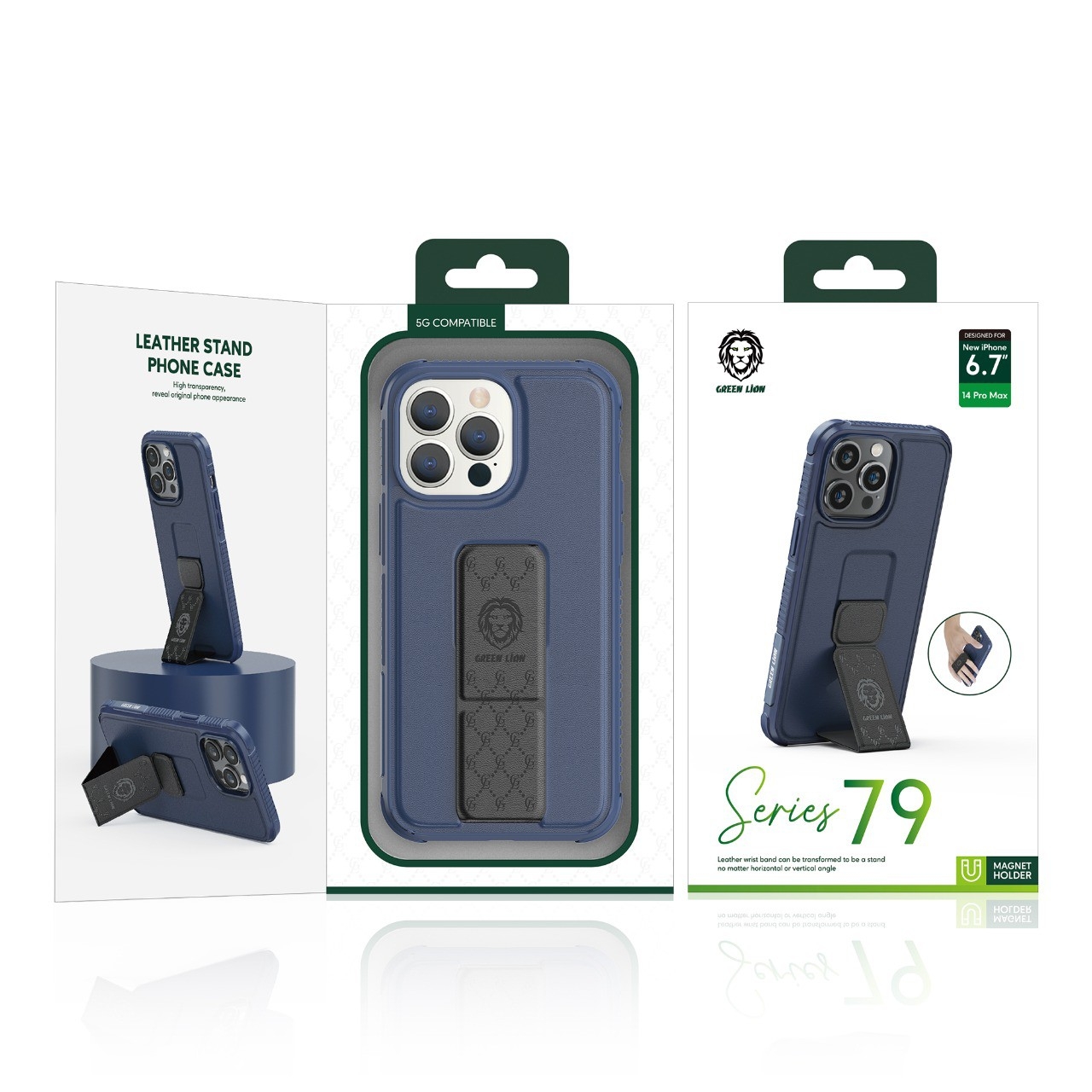 كفر ايفون 14 جلد أسود جرين ليون Green Lion Series 79 Case with Leather Wrist Band Stand for iPhone 14 Black
