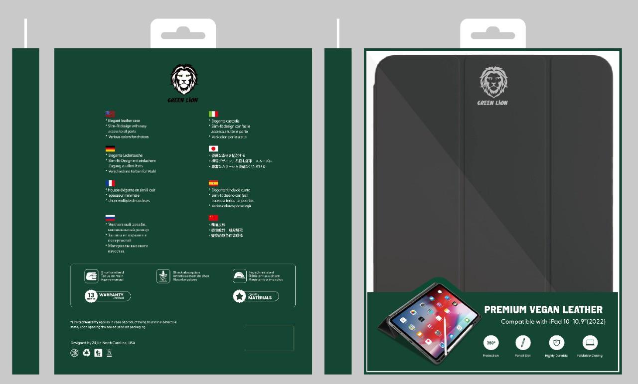 جراب ايباد 10 جلد أسود جرين ليون Green Lion Premium Vegan Leather Case with Pencil Slot for iPad10 2022 Black - cG9zdDoxMzcxMjUz