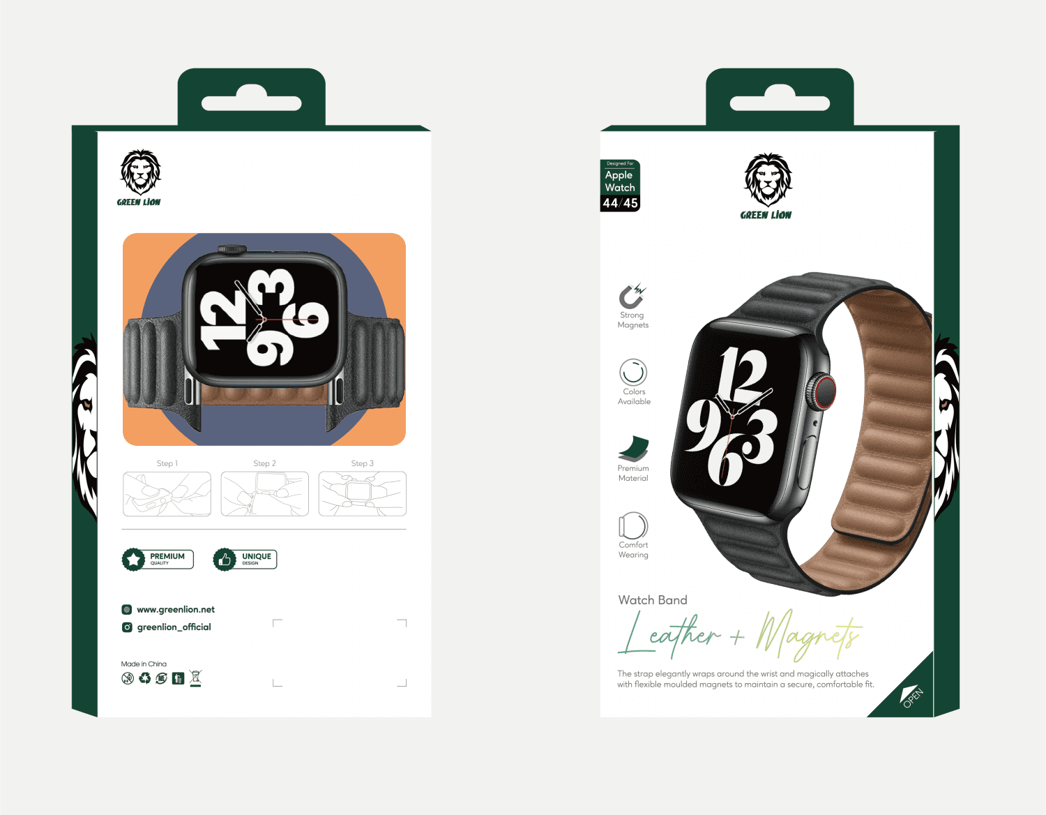 سوار ساعة ابل جلد 42/44/45 أسود جرين ليون Green Leather Link Watch Strap for Apple Watch 42/44/45MM Black - cG9zdDoxMzcwNTg1