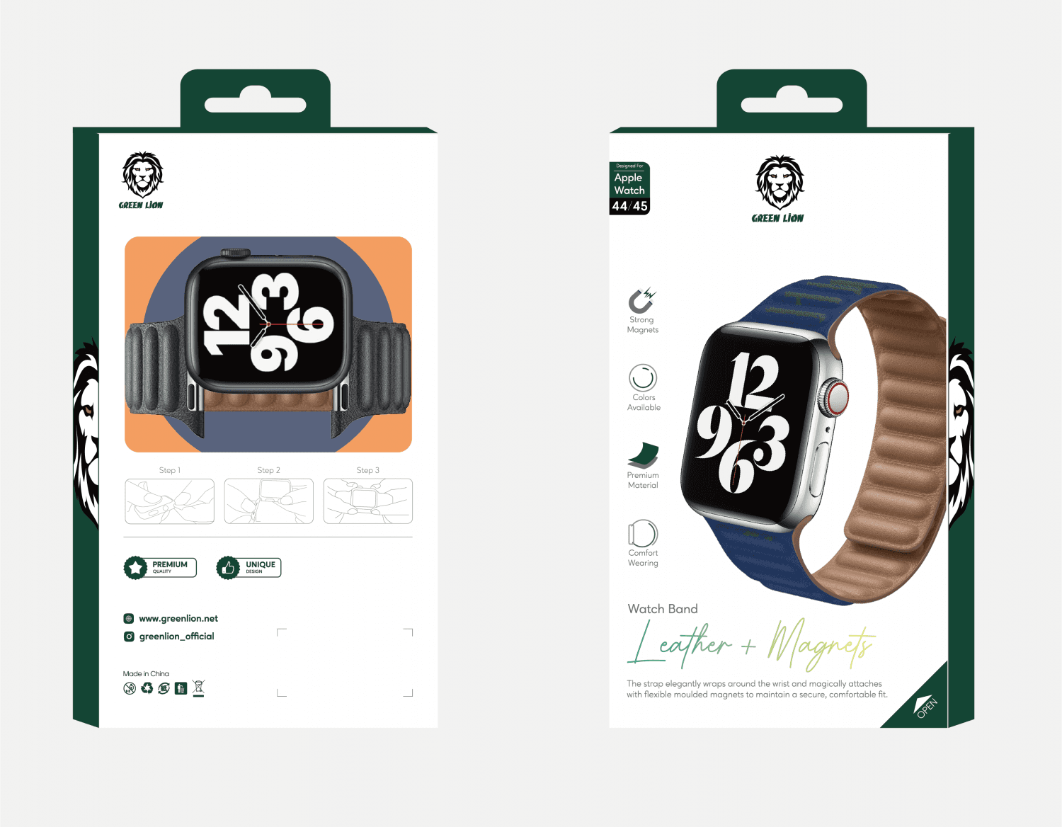 سوار ساعة ابل جلد 42/44/45 أزرق جرين ليون Green Leather Link Watch Strap for Apple Watch 42/44/45MM Deep Blue - cG9zdDoxMzcwODA0