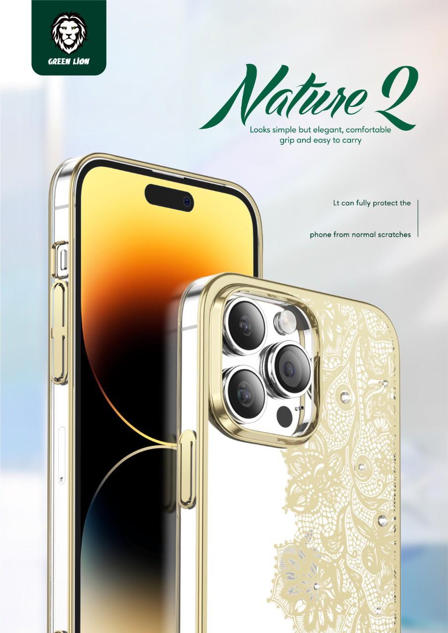 كفر ايفون 14 برو ماكس ذهبي غرين Green Lion Nature 2 Garland Case for iPhone 14 Pro Max Gold - cG9zdDoxMzc3MDEw