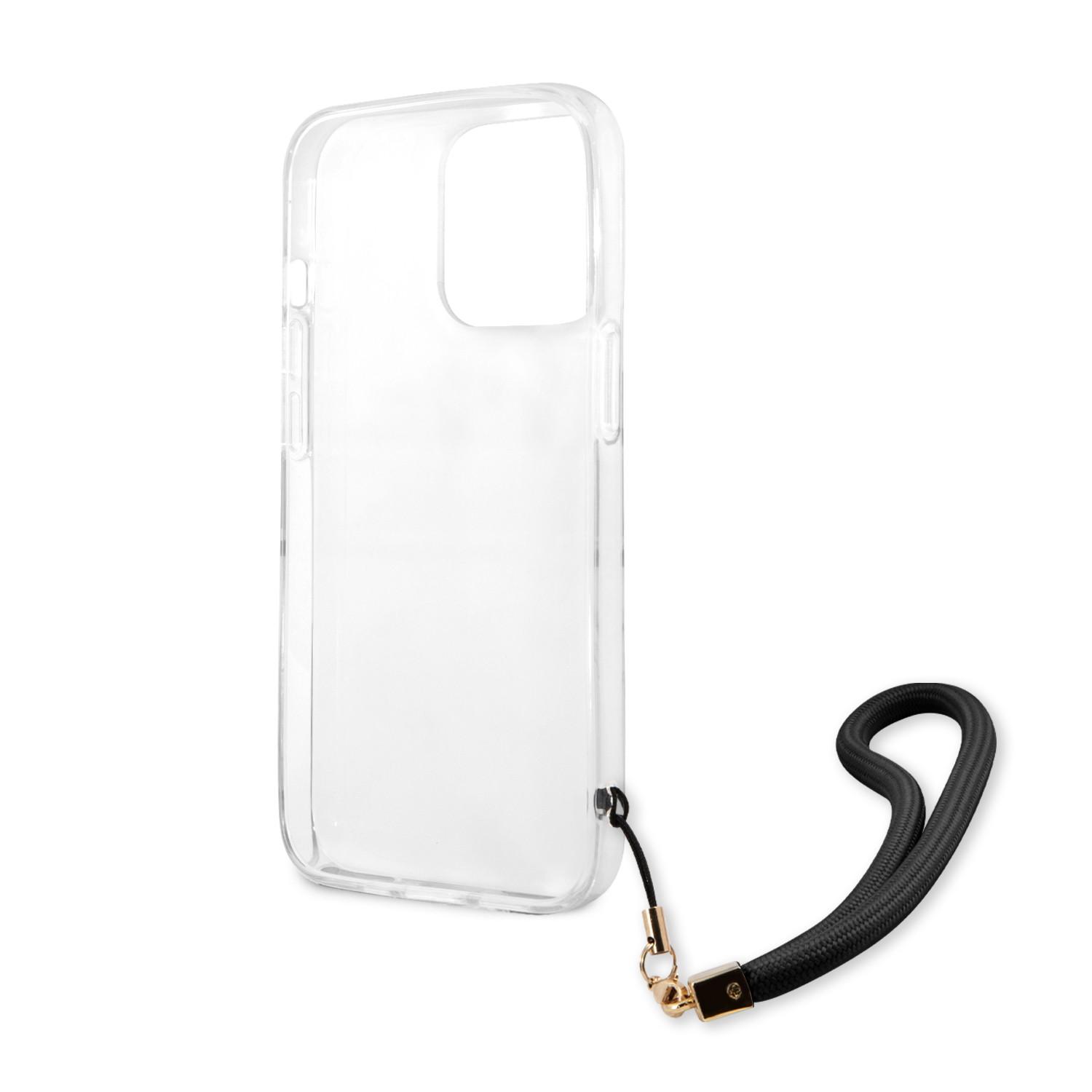 كفر ايفون 13 برو مع تعليقة جوال أسود جيس Guess PC/TPU Case Camo Design And Stripe With Nylon Strap For iPhone 13 Pro Black - cG9zdDoxMzgyNDcz