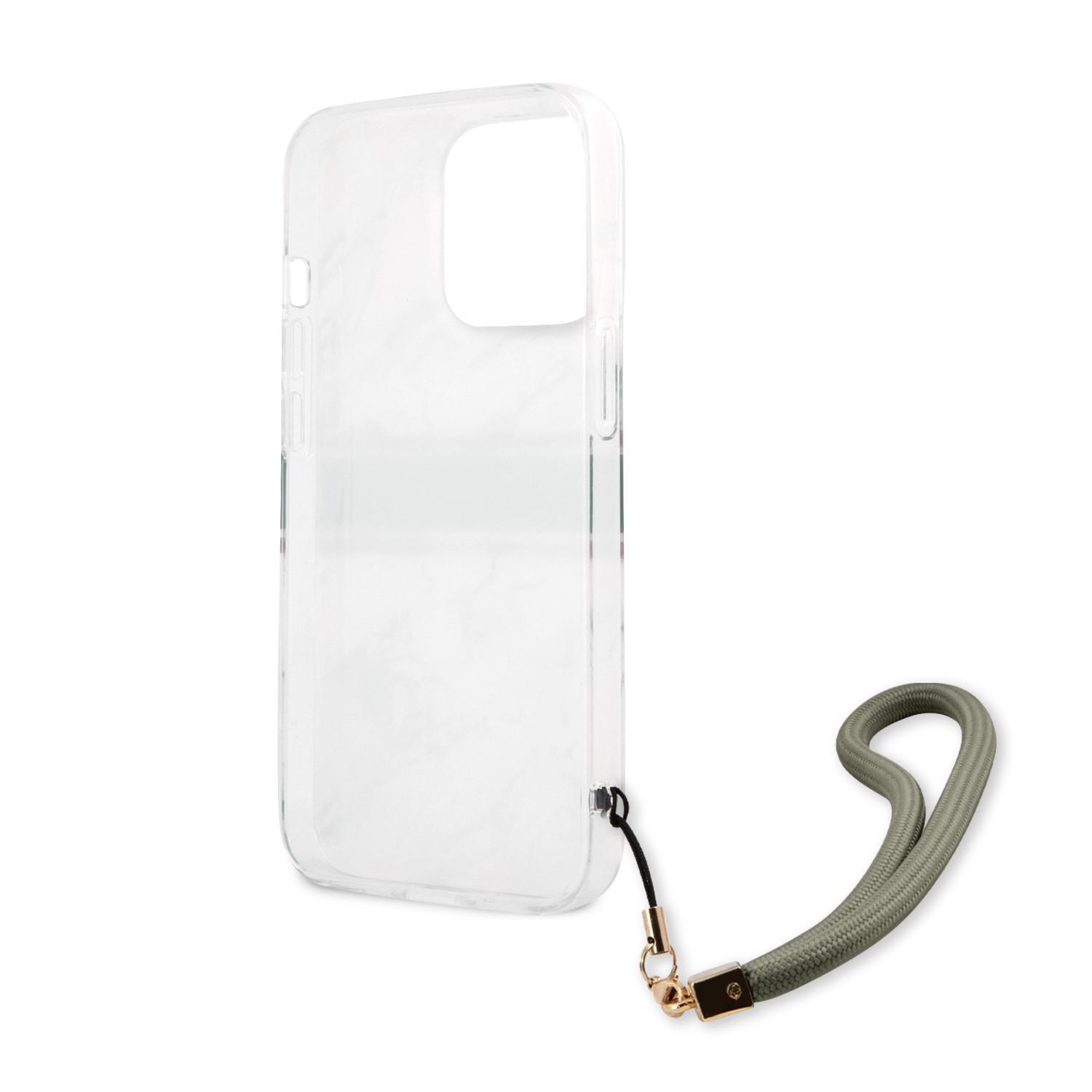 كفر ايفون 13 برو مع تعليقة جوال أخضر جيس Guess PC/TPU Case Marble Design And Stripe With Nylon Strap For iPhone 13 Pro Green - cG9zdDoxMzgyNDg4