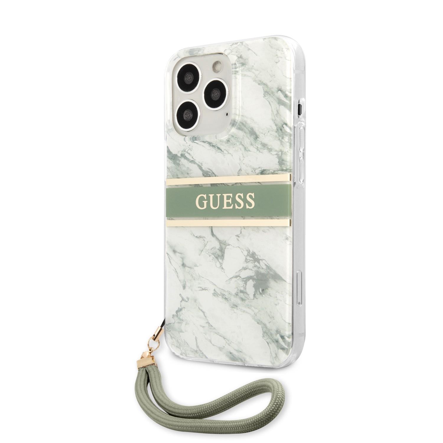 كفر ايفون 13 برو مع تعليقة جوال أخضر جيس Guess PC/TPU Case Marble Design And Stripe With Nylon Strap For iPhone 13 Pro Green - cG9zdDoxMzgyNDk0