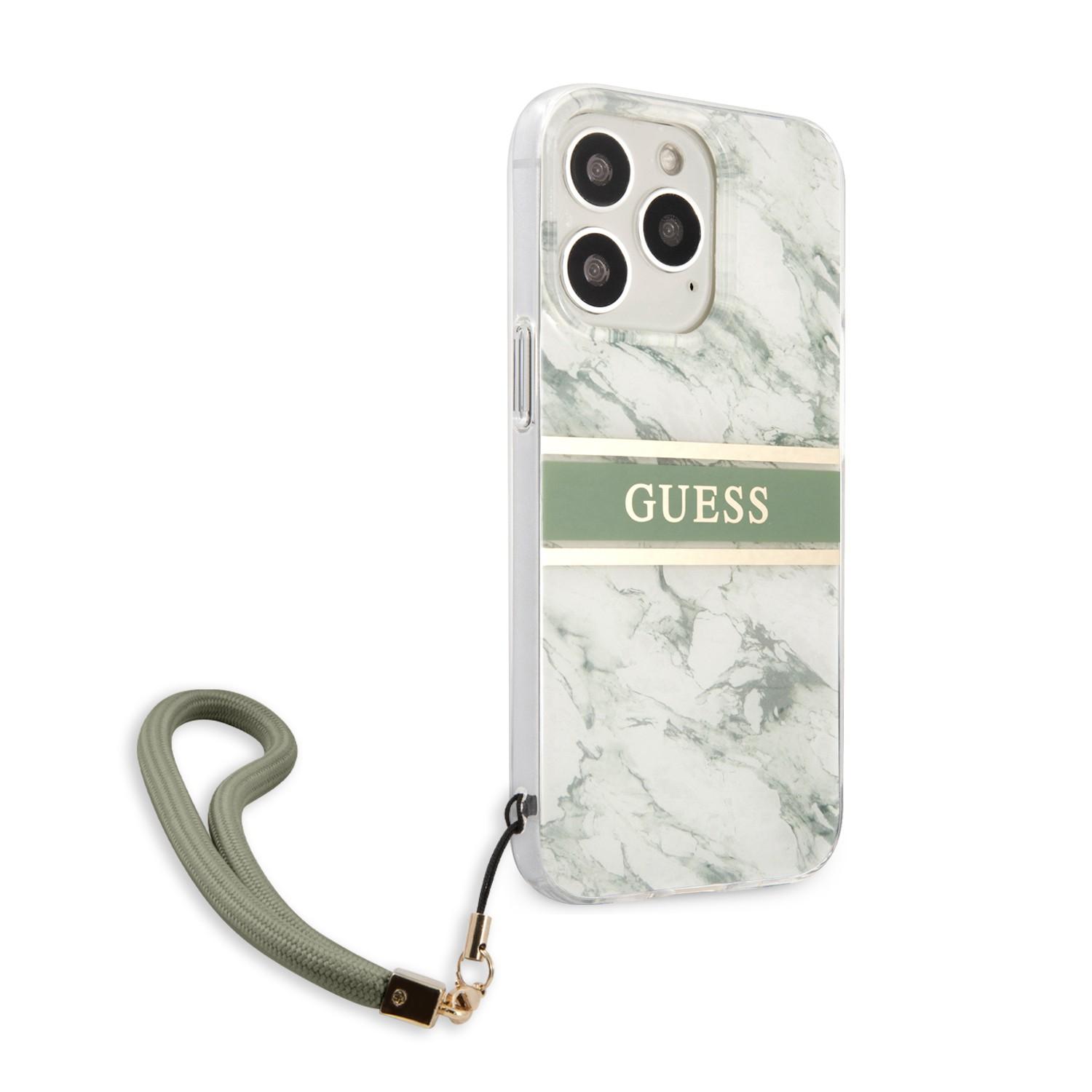 كفر ايفون 13 برو مع تعليقة جوال أخضر جيس Guess PC/TPU Case Marble Design And Stripe With Nylon Strap For iPhone 13 Pro Green - cG9zdDoxMzgyNTAy