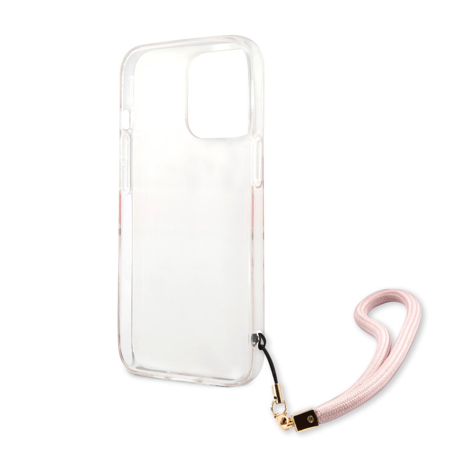 كفر ايفون 13 برو مع تعليقة جوال زهر جيس Guess PC/TPU Case Marble Design And Stripe With Nylon Strap For iPhone 13 Pro Pink - cG9zdDoxMzgyNTM5