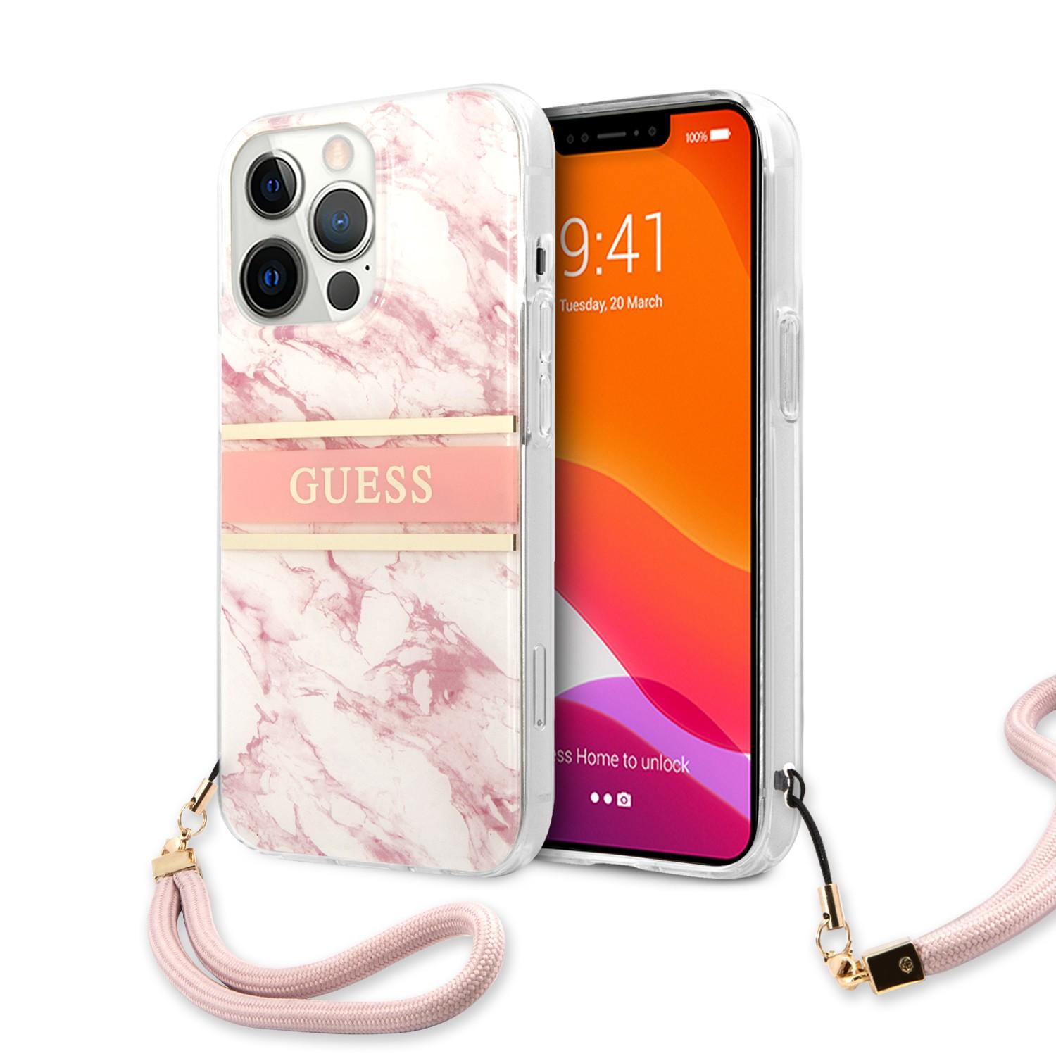 كفر ايفون 13 برو مع تعليقة جوال زهر جيس Guess PC/TPU Case Marble Design And Stripe With Nylon Strap For iPhone 13 Pro Pink - cG9zdDoxMzgyNTUx