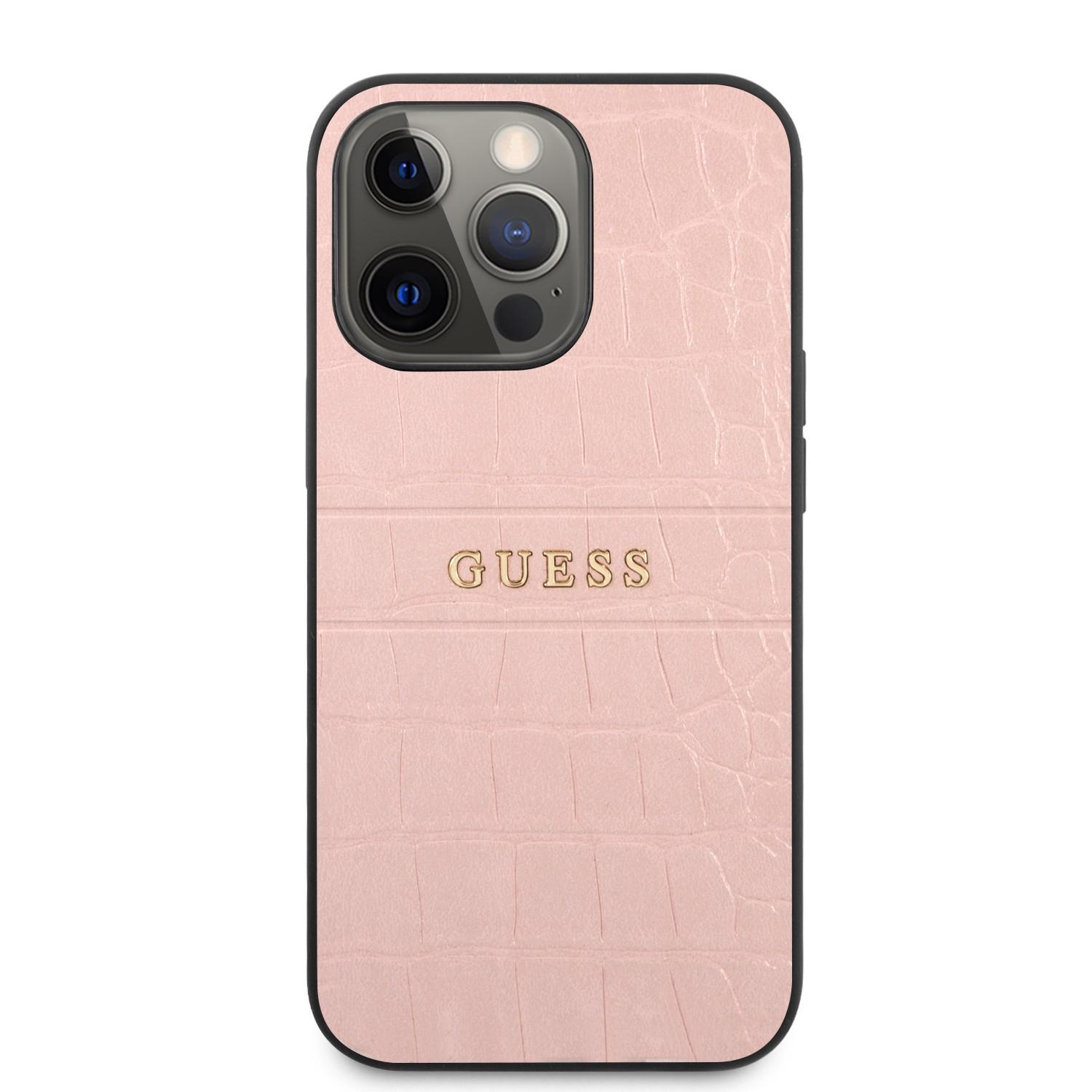 كفر ايفون 13 برو جلد زهر جيس Guess PU Leather Croco Case Hot Stamped Lines And Metal Logo For iPhone 13 Pro Pink - cG9zdDoxMzgyODEz
