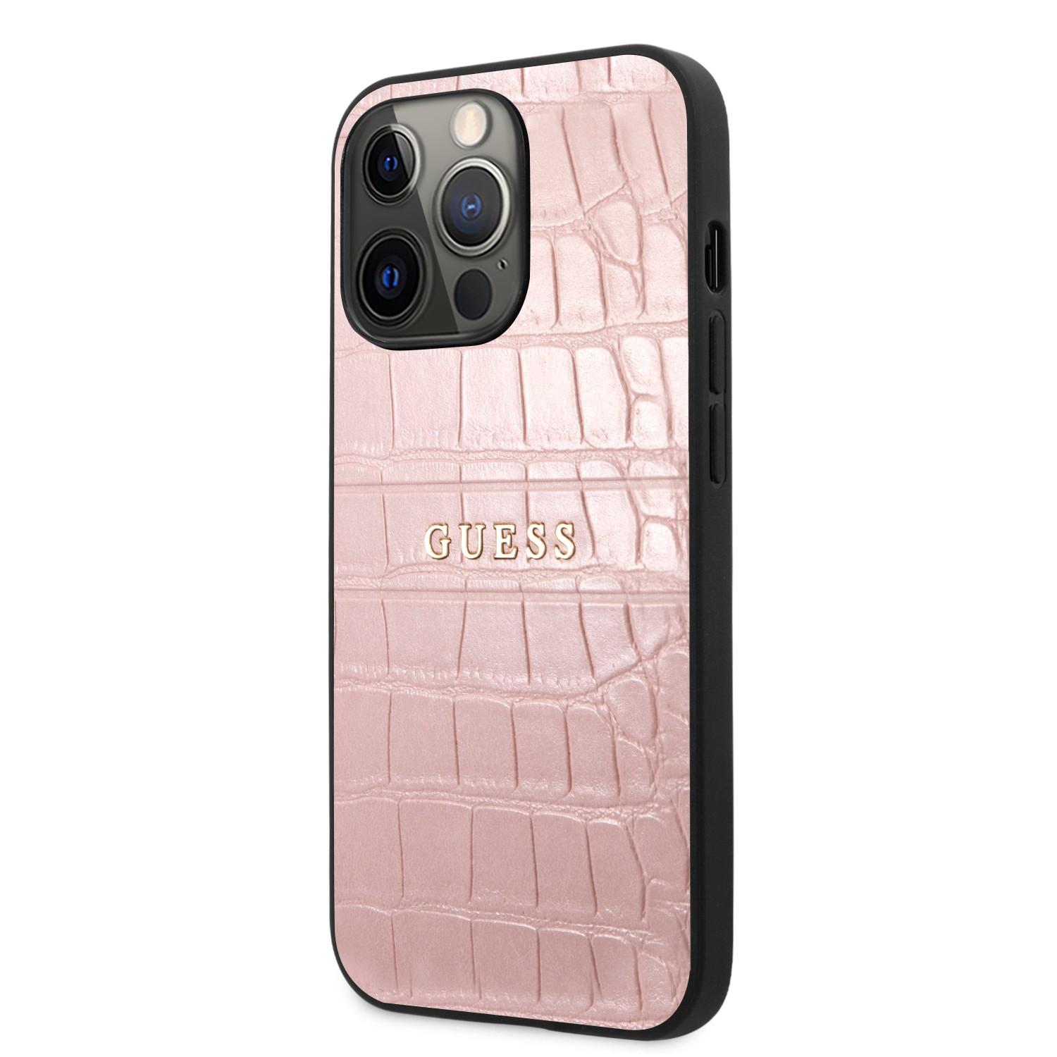 كفر ايفون 13 برو جلد زهر جيس Guess PU Leather Croco Case Hot Stamped Lines And Metal Logo For iPhone 13 Pro Pink - cG9zdDoxMzgyODE1
