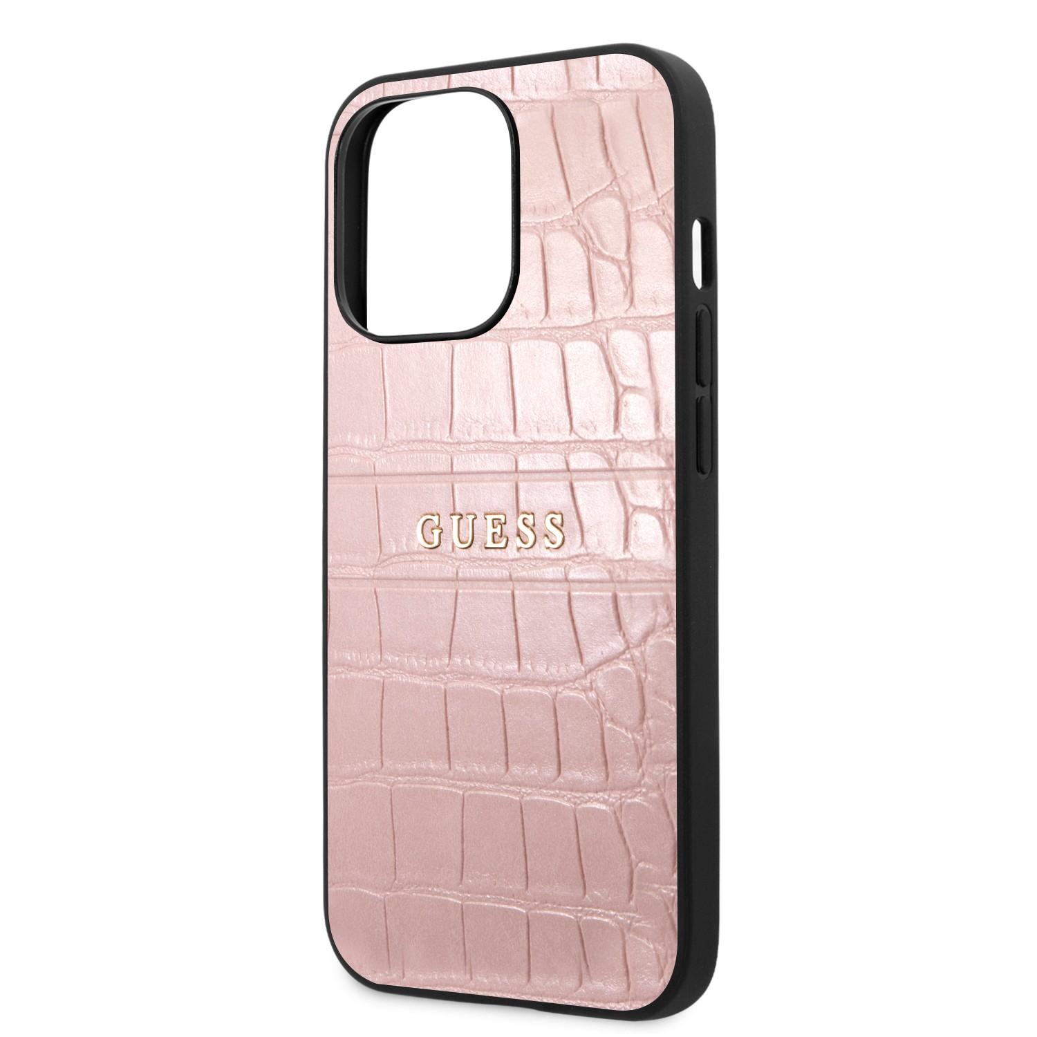 كفر ايفون 13 برو جلد زهر جيس Guess PU Leather Croco Case Hot Stamped Lines And Metal Logo For iPhone 13 Pro Pink - cG9zdDoxMzgyODIz