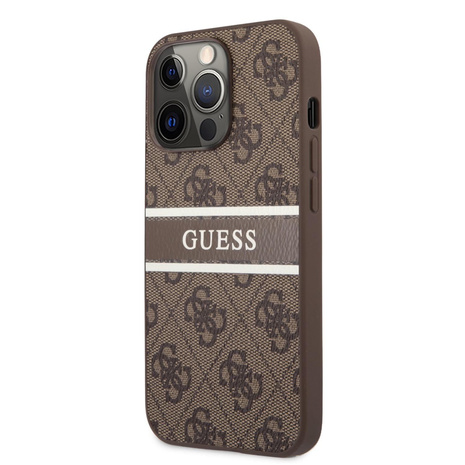 كفر ايفون 13 برو ماكس جلد بني جيس Guess 4G PU Leather Case With Printed Stripe For iPhone 13 Pro Max Brown - cG9zdDoxMzgzMDE2