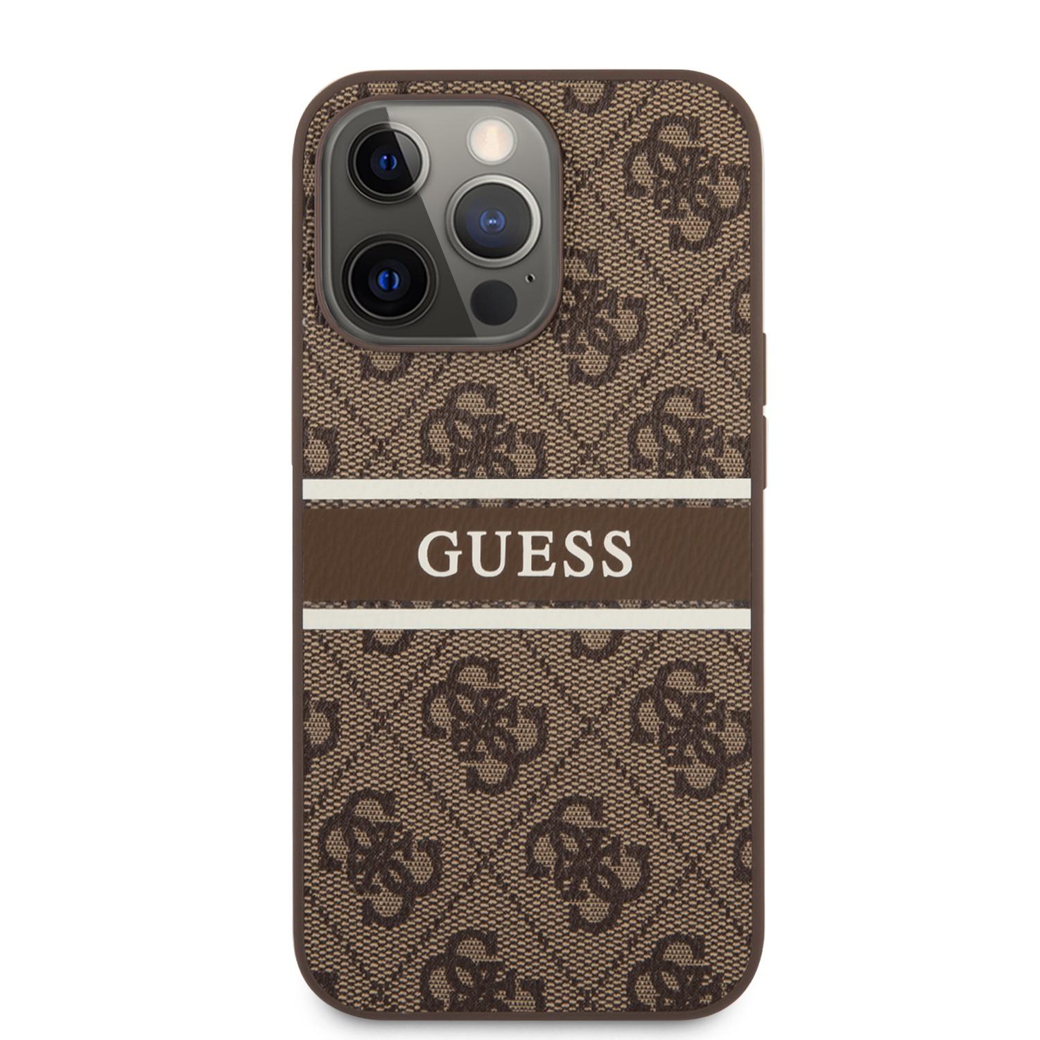كفر ايفون 13 برو ماكس جلد بني جيس Guess 4G PU Leather Case With Printed Stripe For iPhone 13 Pro Max Brown - cG9zdDoxMzgzMDE4