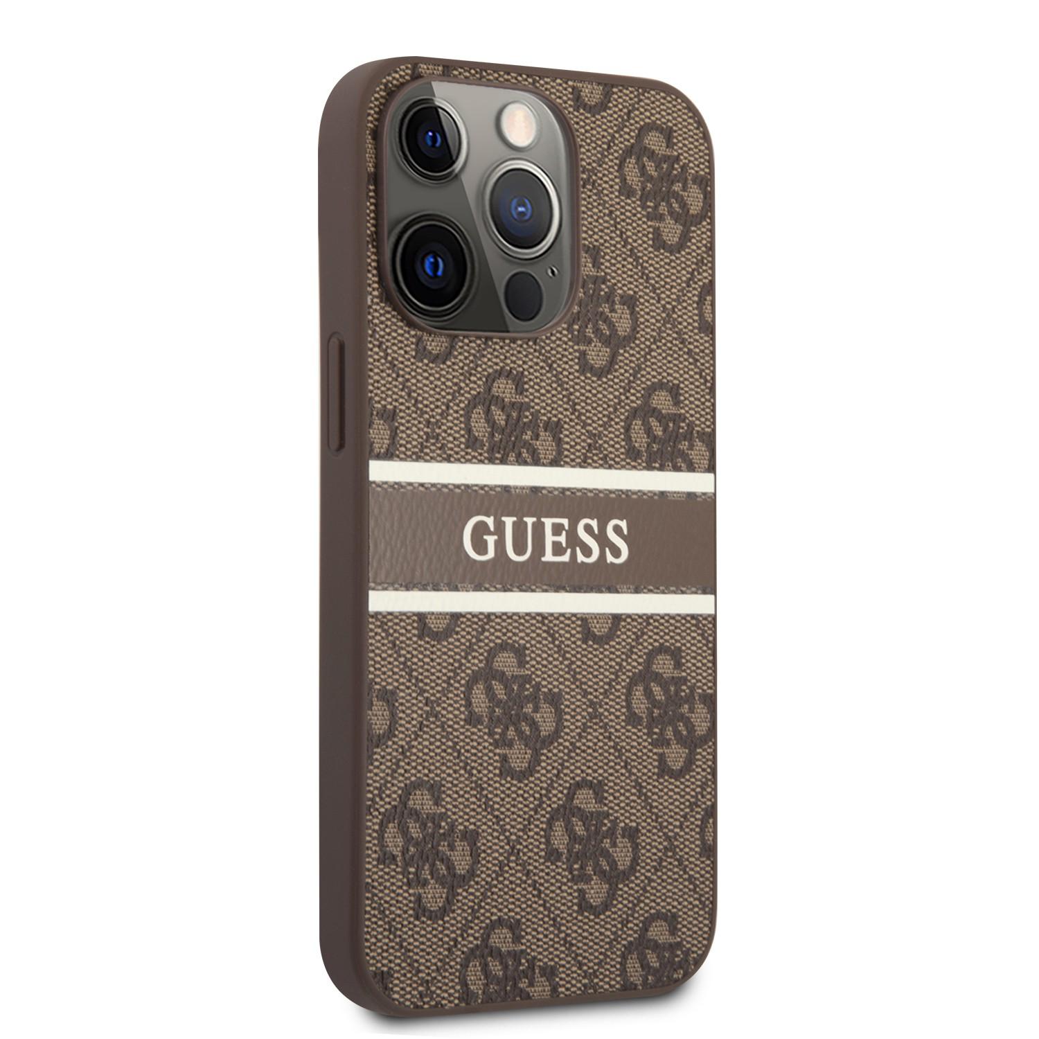 كفر ايفون 13 برو ماكس جلد بني جيس Guess 4G PU Leather Case With Printed Stripe For iPhone 13 Pro Max Brown - cG9zdDoxMzgzMDI0