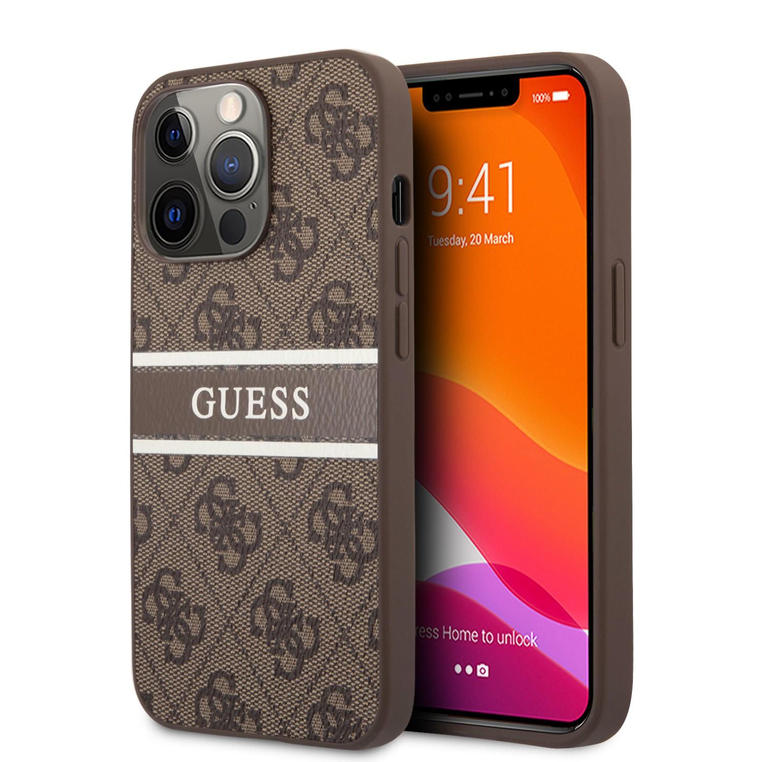 كفر ايفون 13 برو ماكس جلد بني جيس Guess 4G PU Leather Case With Printed Stripe For iPhone 13 Pro Max Brown - cG9zdDoxMzgzMDI2